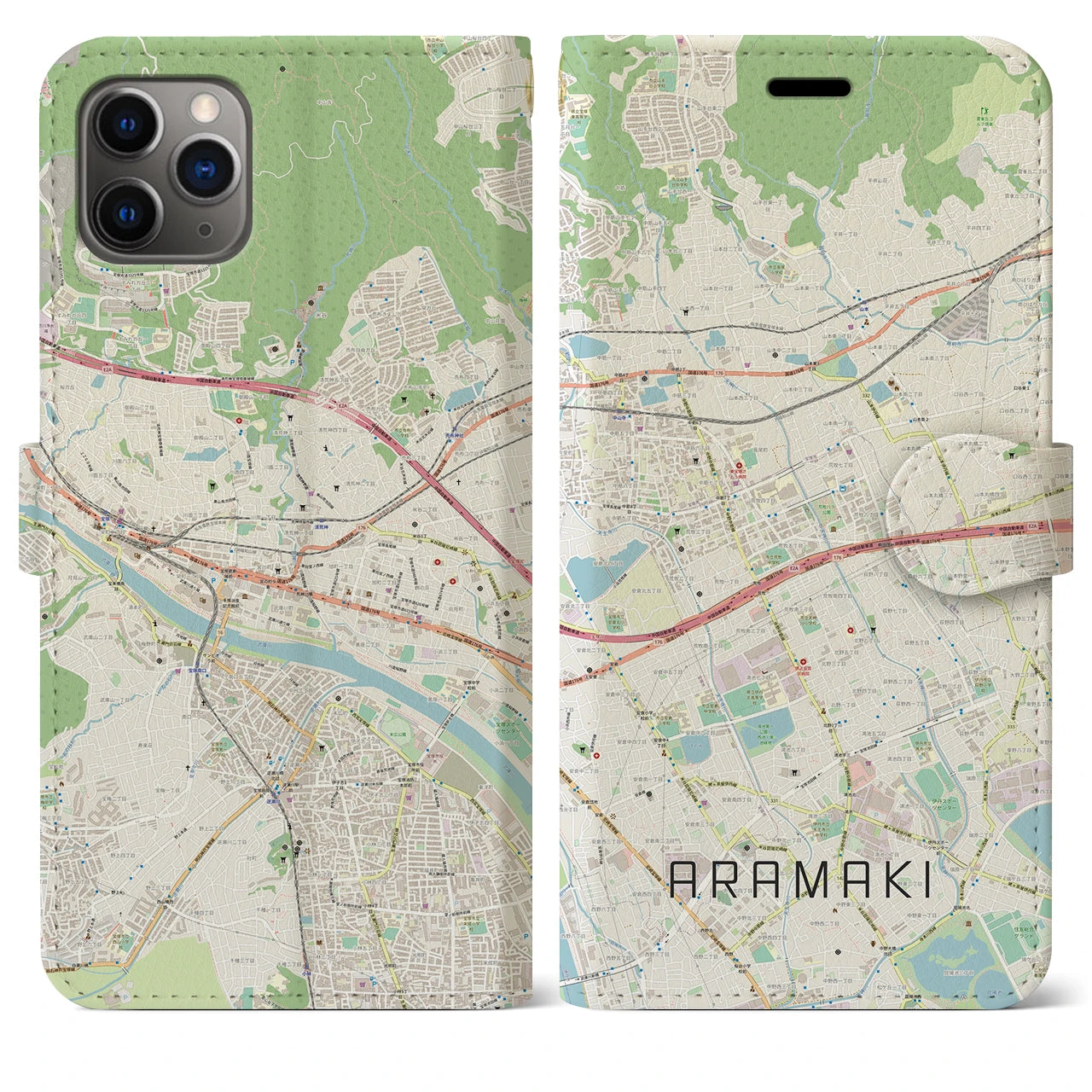 【荒牧(兵庫県)】地図柄iPhoneケース(手帳タイプ)ナチュラル・iPhone 11 Pro Max 用