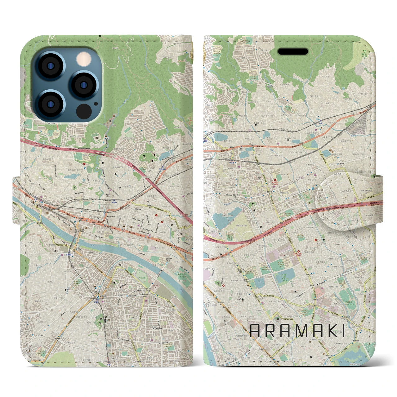 【荒牧(兵庫県)】地図柄iPhoneケース(手帳タイプ)ナチュラル・iPhone 12 / 12 Pro 用
