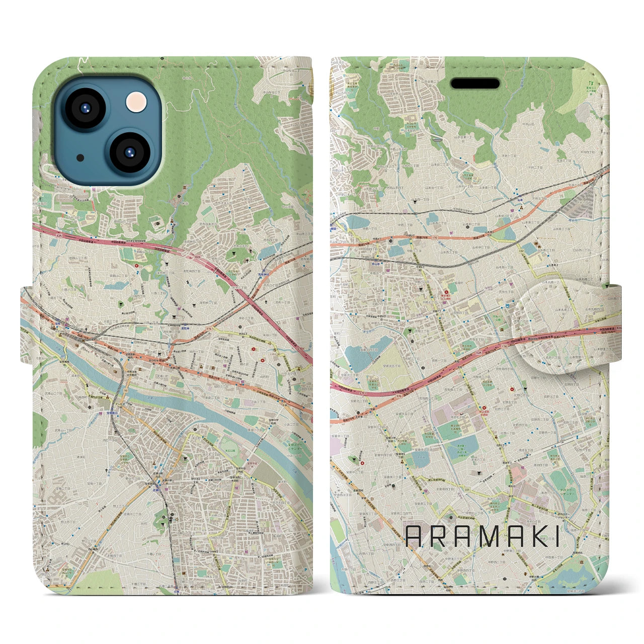【荒牧(兵庫県)】地図柄iPhoneケース(手帳タイプ)ナチュラル・iPhone 13 用