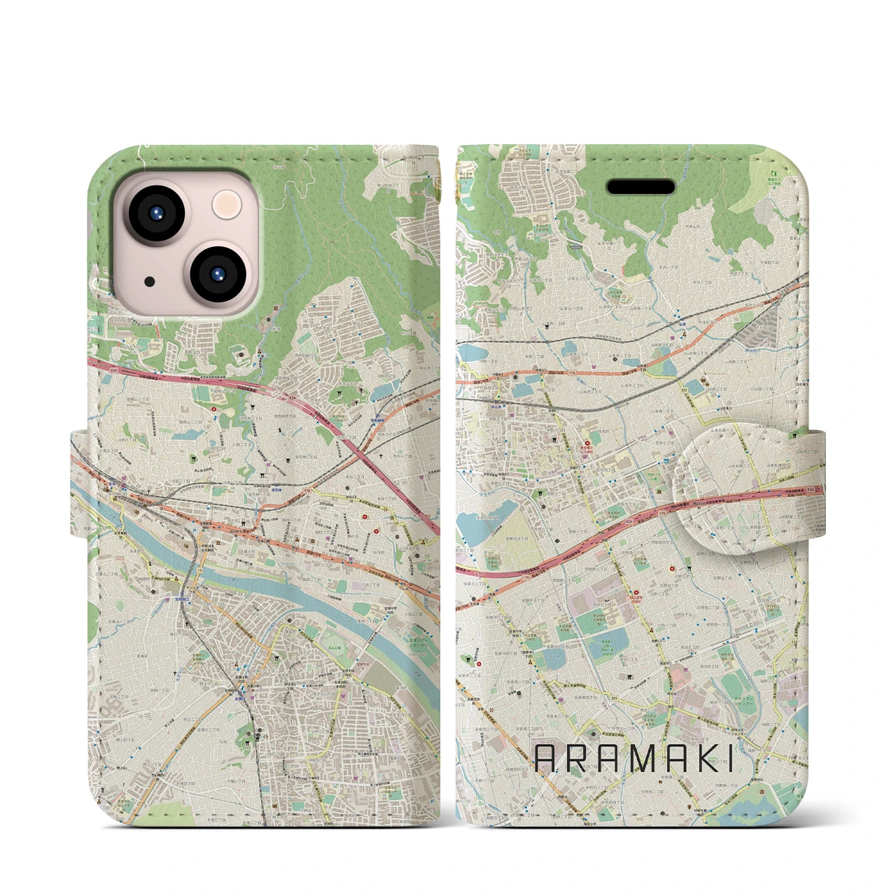 【荒牧(兵庫県)】地図柄iPhoneケース(手帳タイプ)ナチュラル・iPhone 13 mini 用