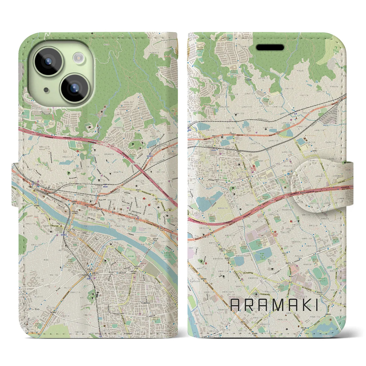 【荒牧(兵庫県)】地図柄iPhoneケース(手帳タイプ)ナチュラル・iPhone 15 用