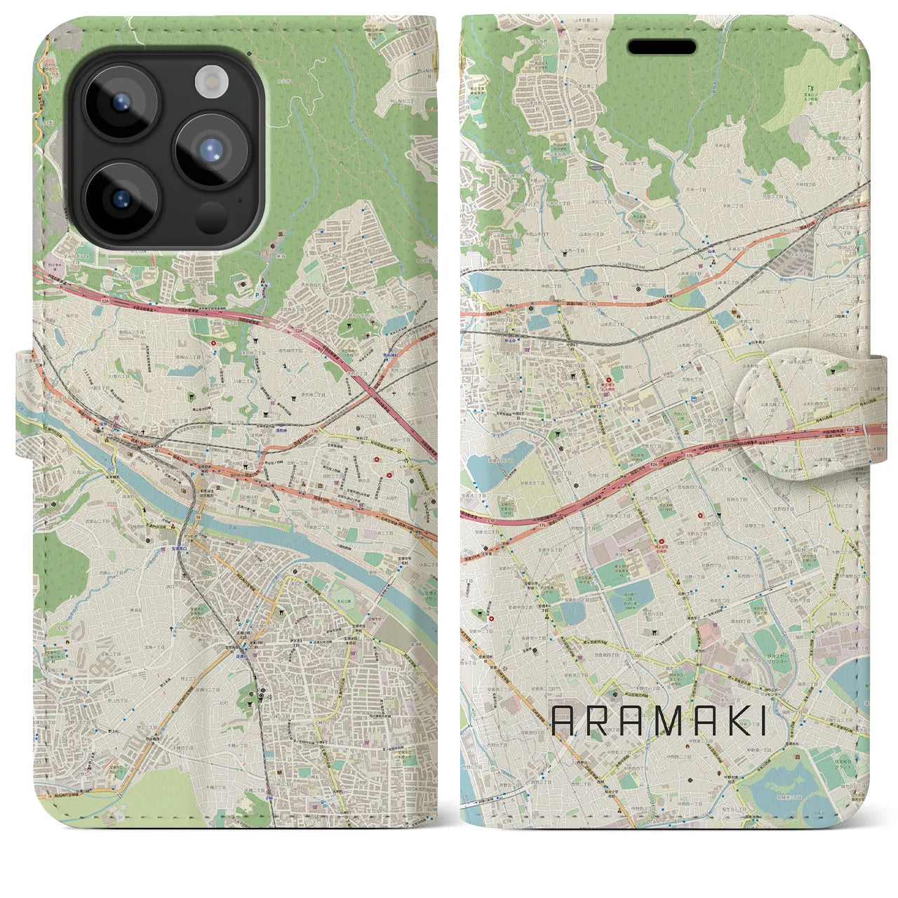 【荒牧(兵庫県)】地図柄iPhoneケース(手帳タイプ)ナチュラル・iPhone 15 Pro Max 用