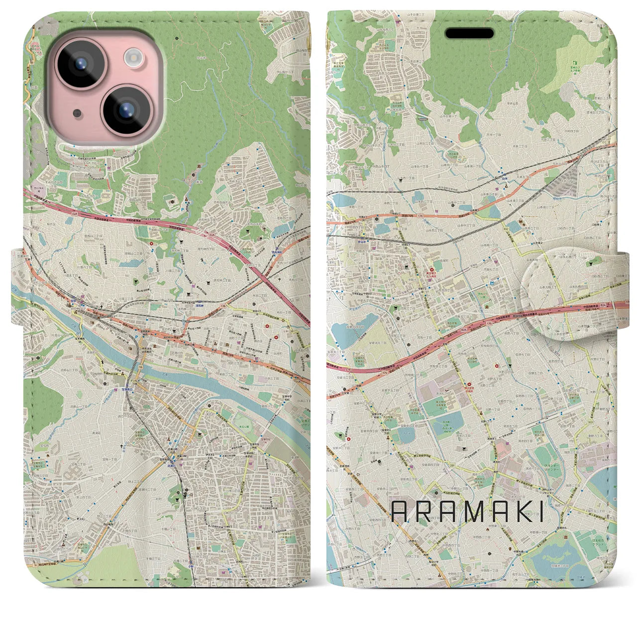 【荒牧(兵庫県)】地図柄iPhoneケース(手帳タイプ)ナチュラル・iPhone 15 Plus 用