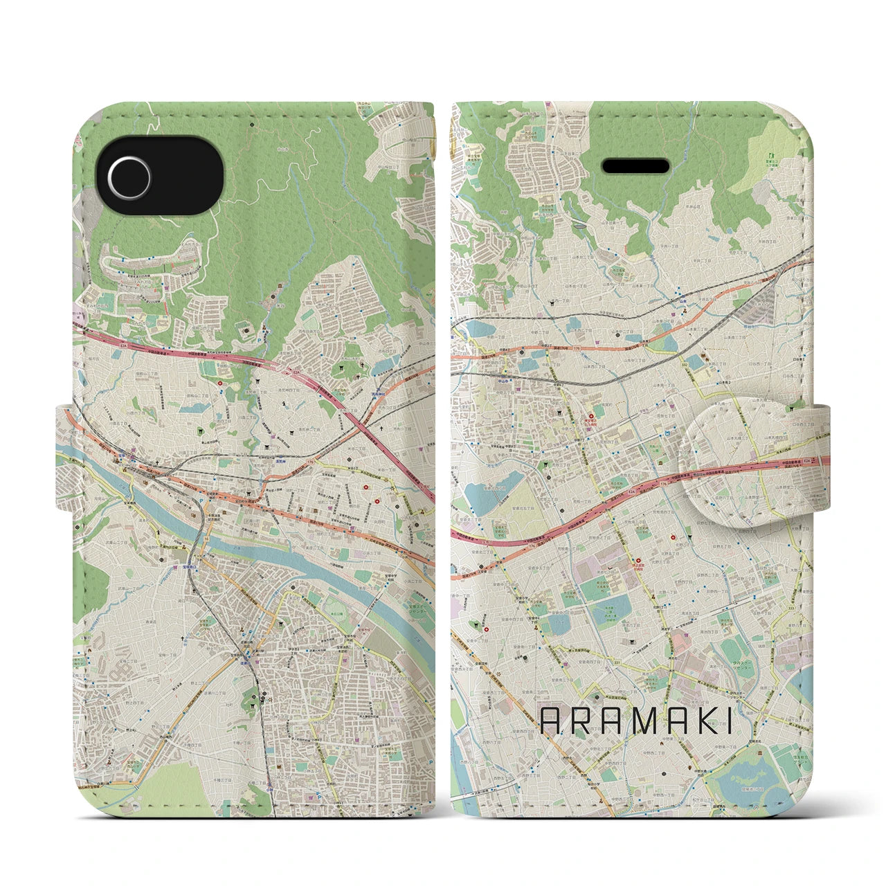 【荒牧(兵庫県)】地図柄iPhoneケース(手帳タイプ)ナチュラル・iPhone SE(第3 / 第2世代) / 8 / 7 / 6s / 6 用