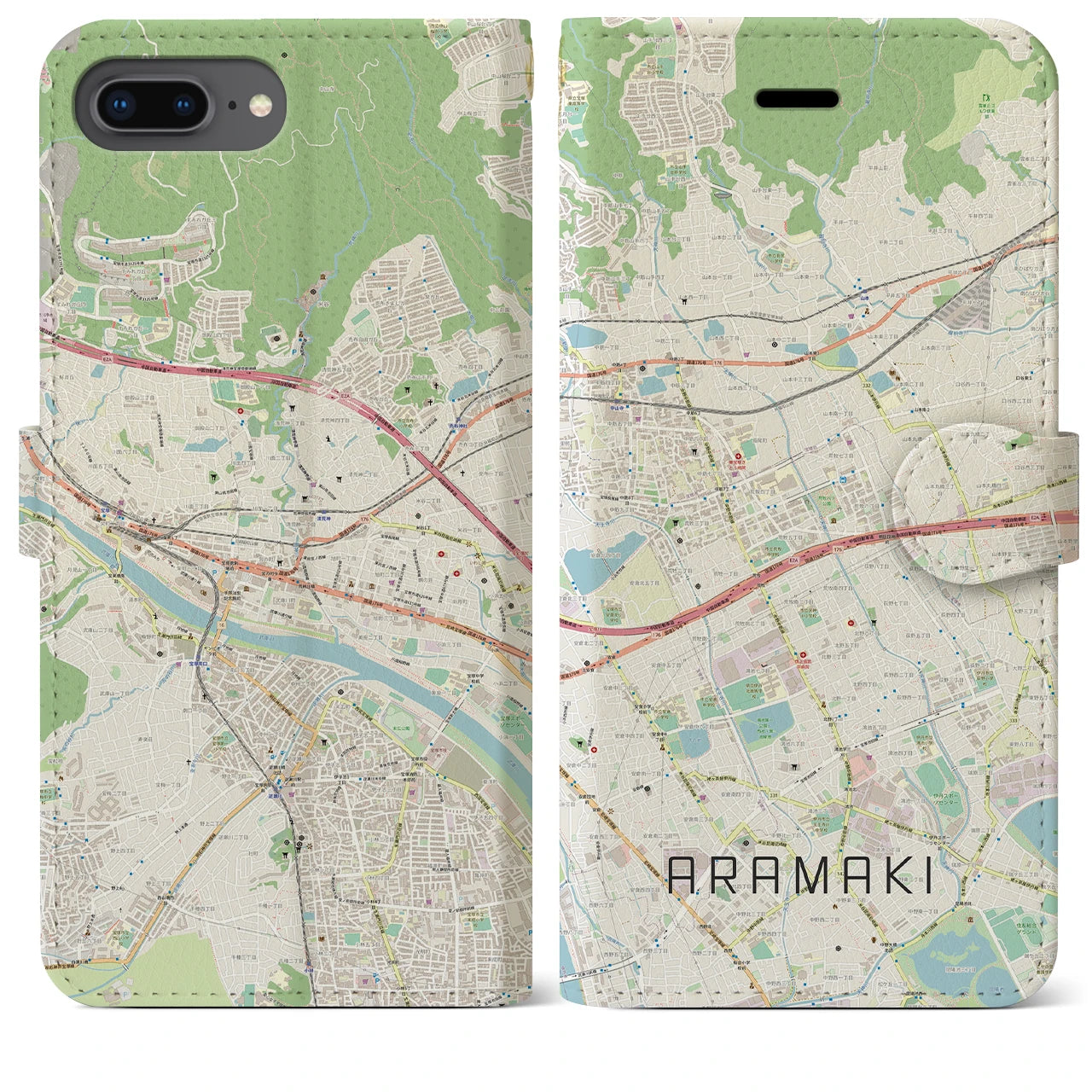 【荒牧(兵庫県)】地図柄iPhoneケース(手帳タイプ)ナチュラル・iPhone 8Plus /7Plus / 6sPlus / 6Plus 用