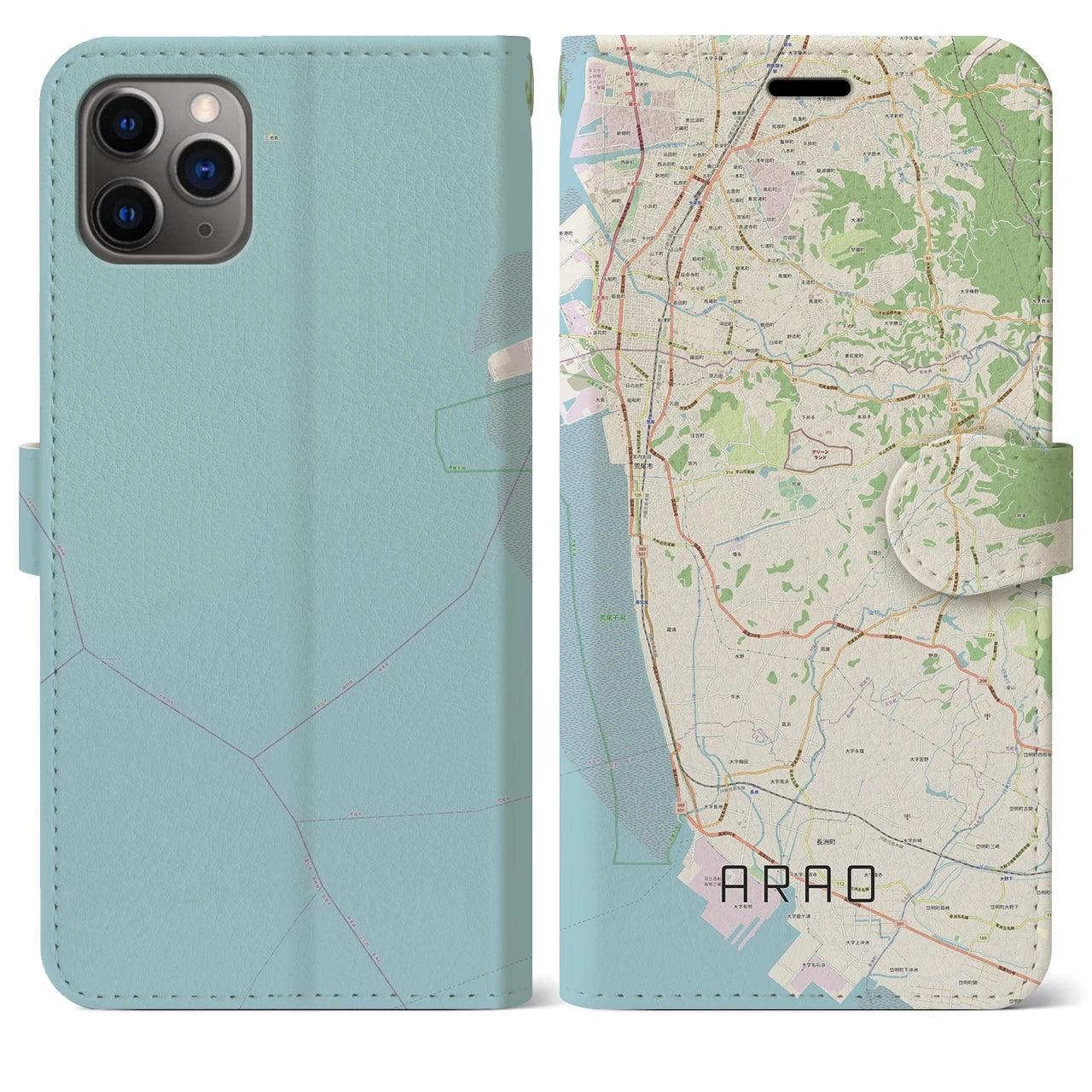 【荒尾(熊本県)】地図柄iPhoneケース(手帳タイプ)ナチュラル・iPhone 11 Pro Max 用