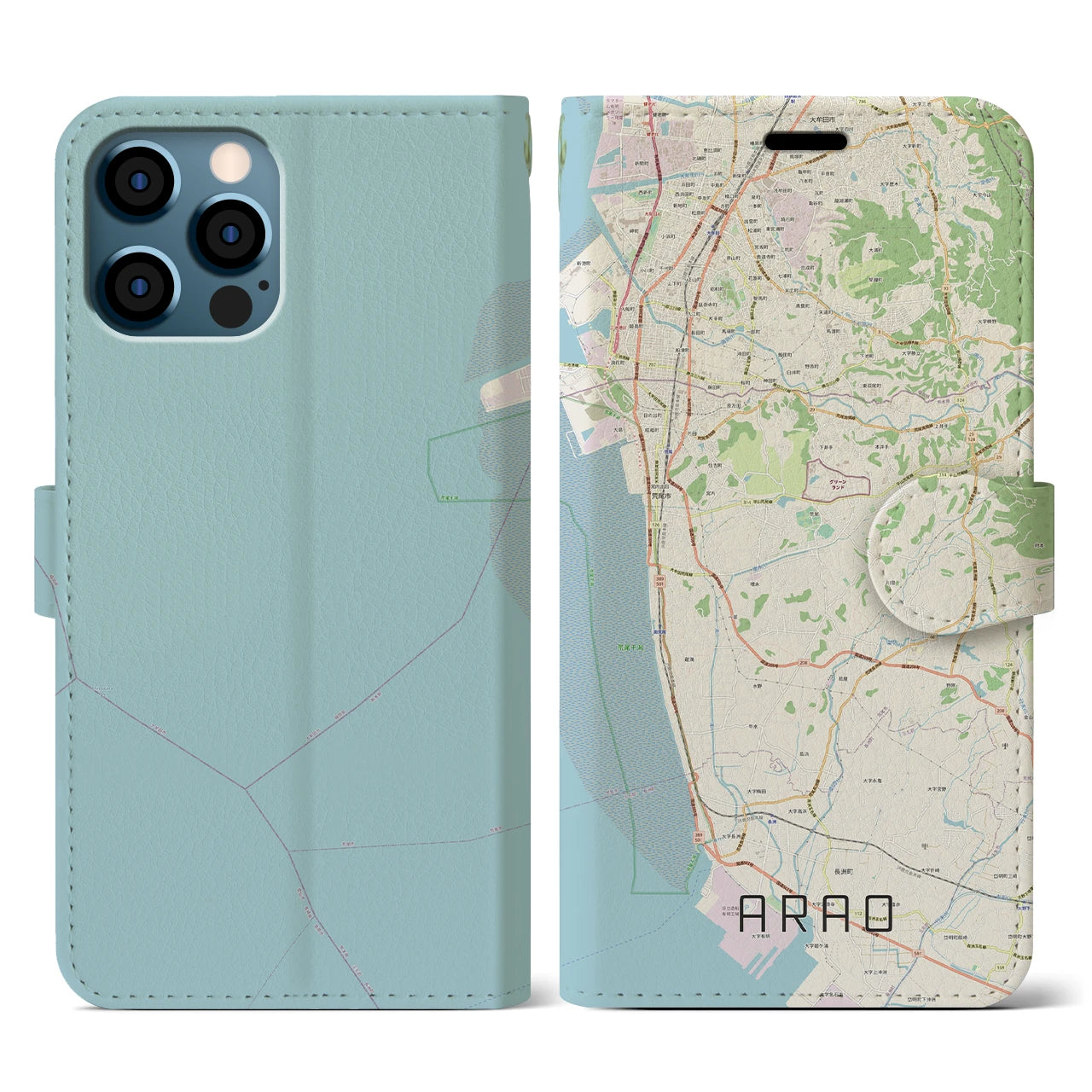【荒尾(熊本県)】地図柄iPhoneケース(手帳タイプ)ナチュラル・iPhone 12 / 12 Pro 用