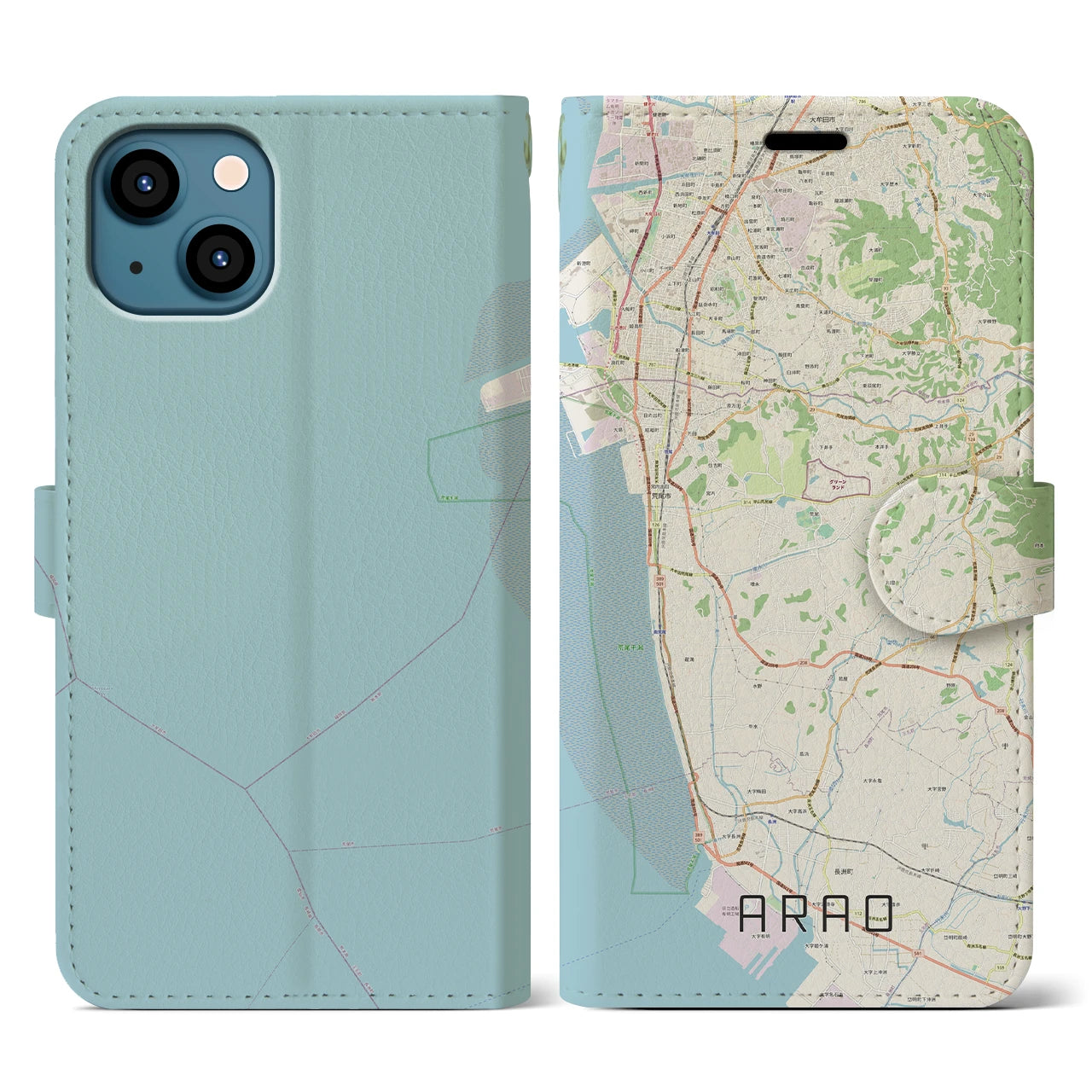 【荒尾(熊本県)】地図柄iPhoneケース(手帳タイプ)ナチュラル・iPhone 13 用