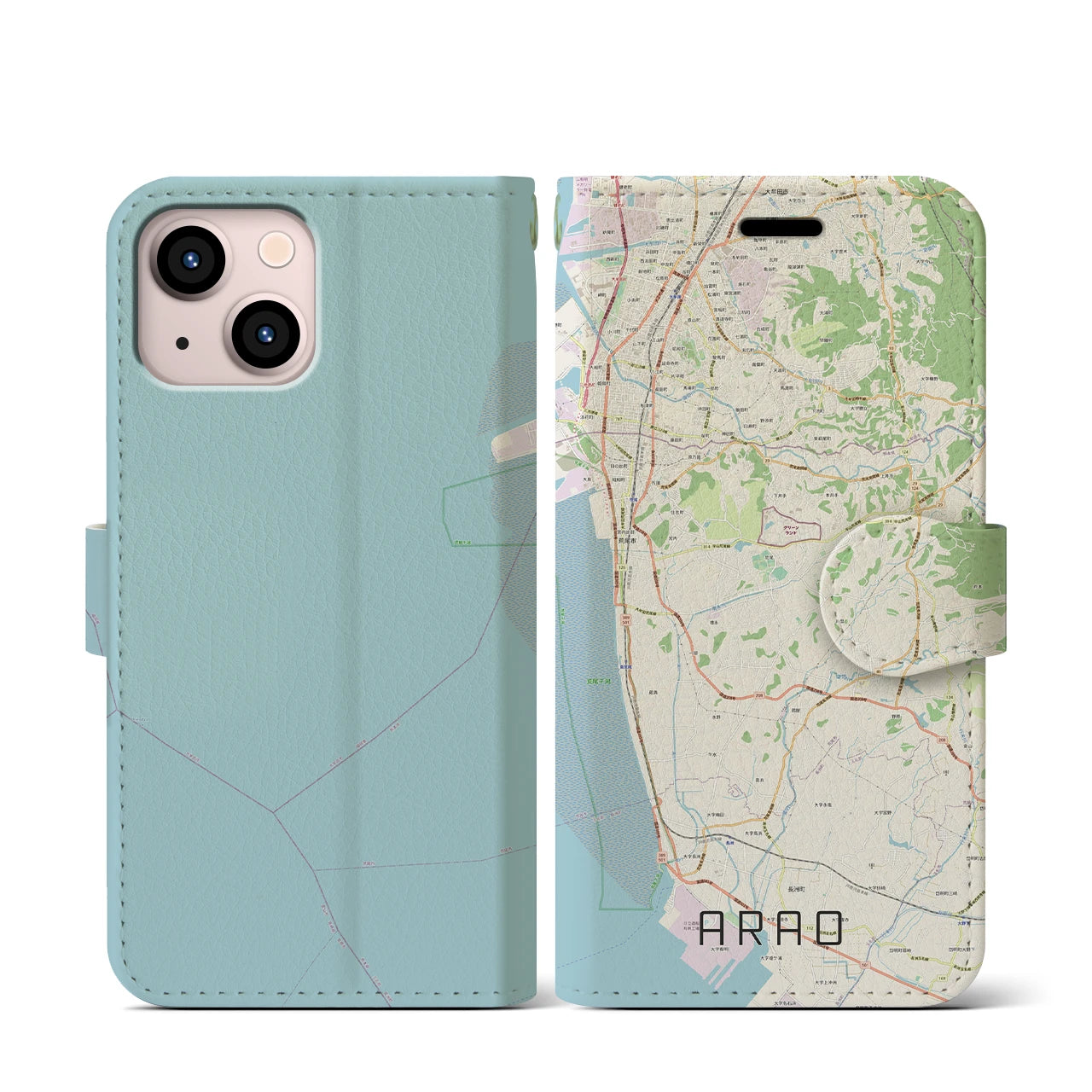 【荒尾(熊本県)】地図柄iPhoneケース(手帳タイプ)ナチュラル・iPhone 13 mini 用