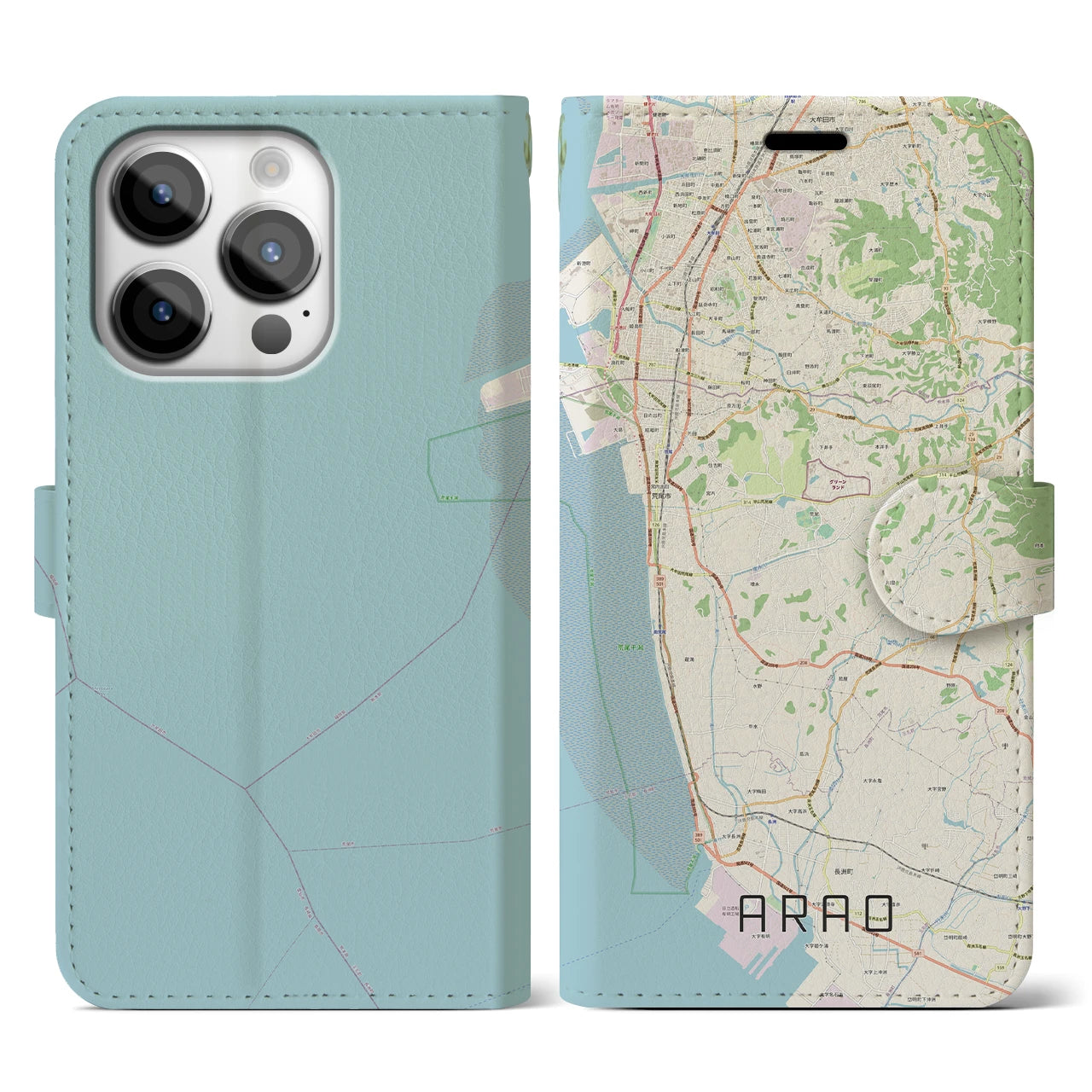 【荒尾(熊本県)】地図柄iPhoneケース(手帳タイプ)ナチュラル・iPhone 14 Pro 用
