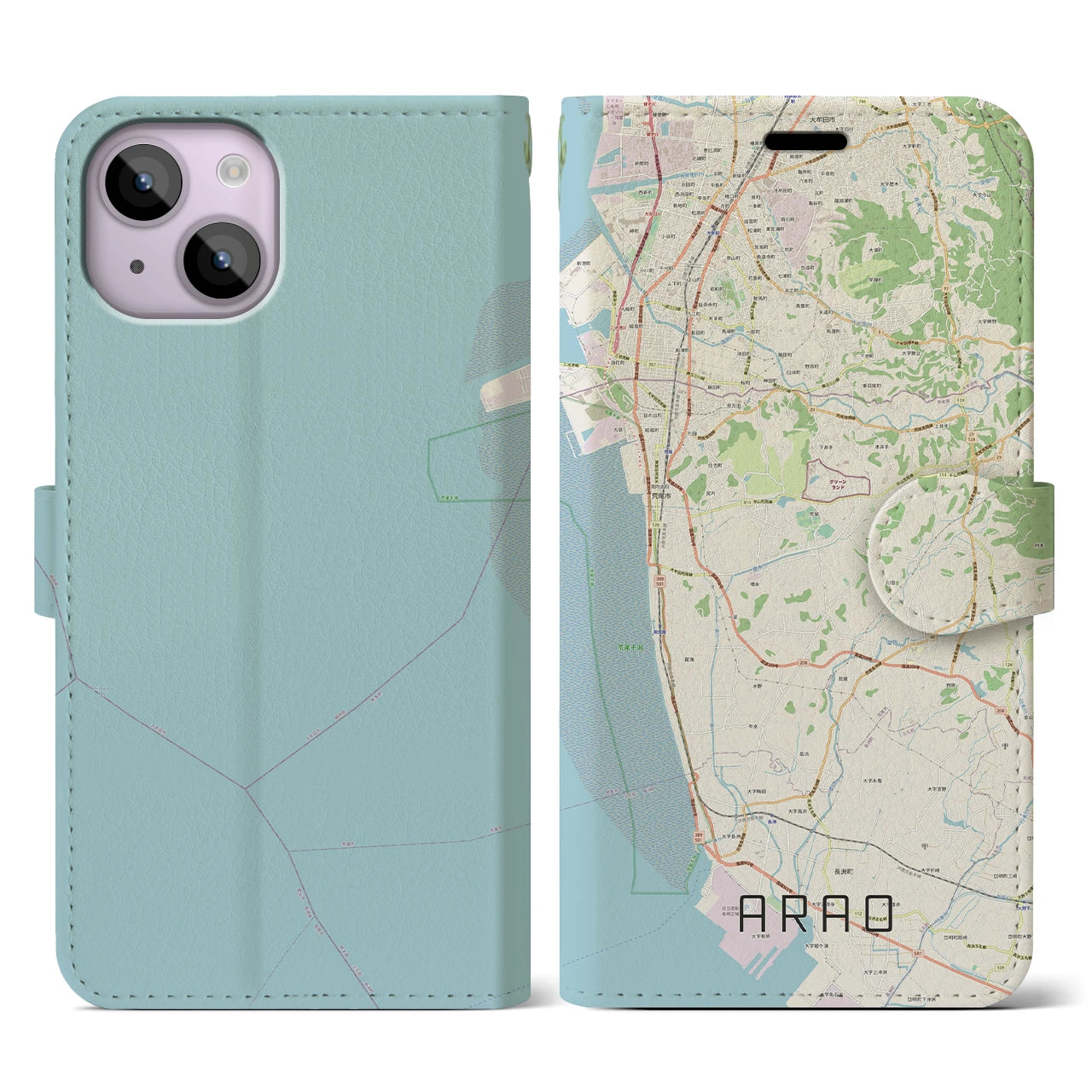 【荒尾(熊本県)】地図柄iPhoneケース(手帳タイプ)ナチュラル・iPhone 14 用
