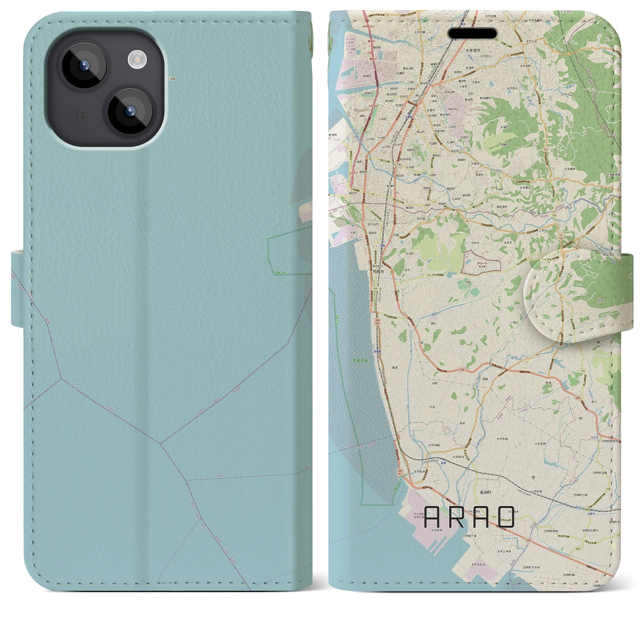 【荒尾(熊本県)】地図柄iPhoneケース(手帳タイプ)ナチュラル・iPhone 14 Plus 用