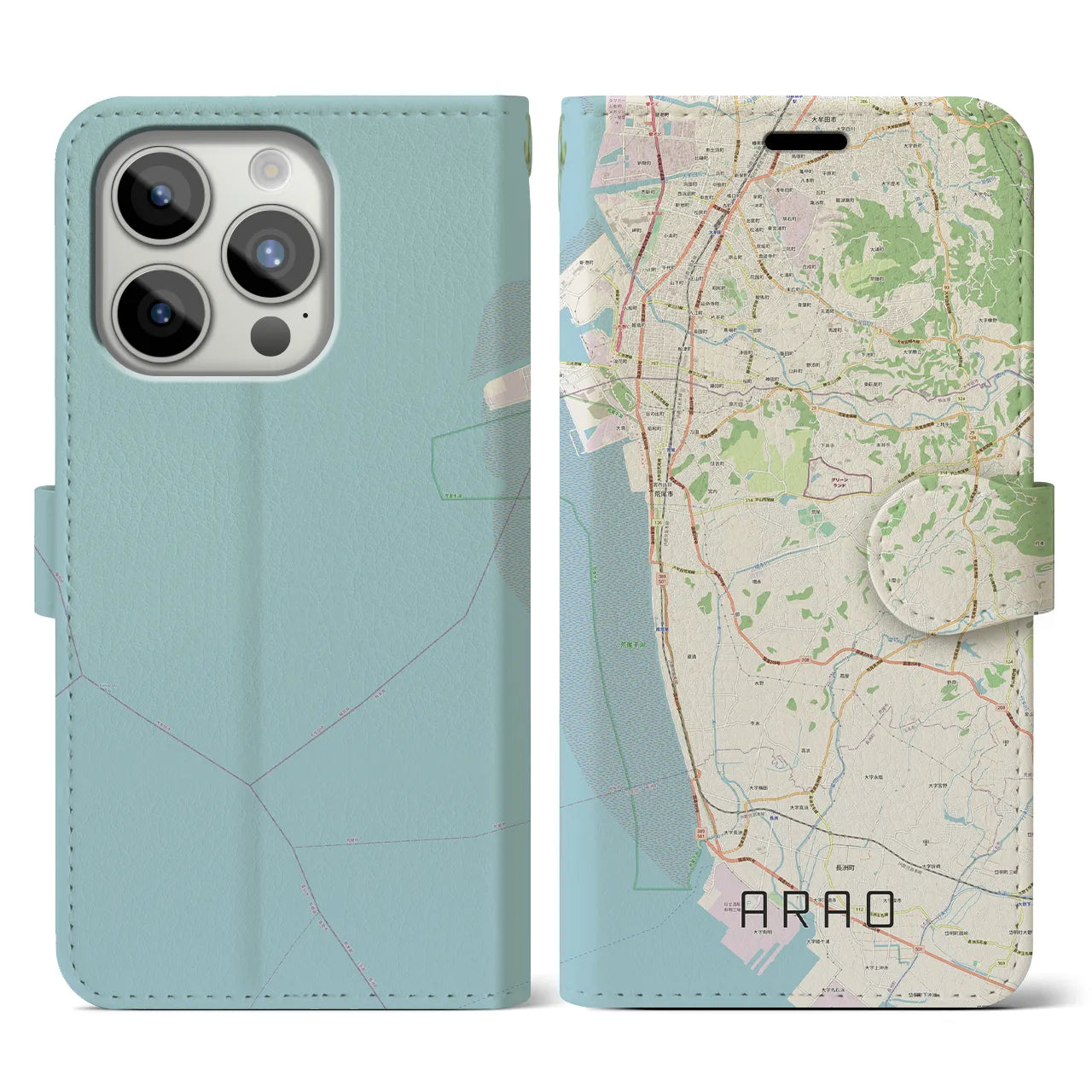 【荒尾(熊本県)】地図柄iPhoneケース(手帳タイプ)ナチュラル・iPhone 15 Pro 用