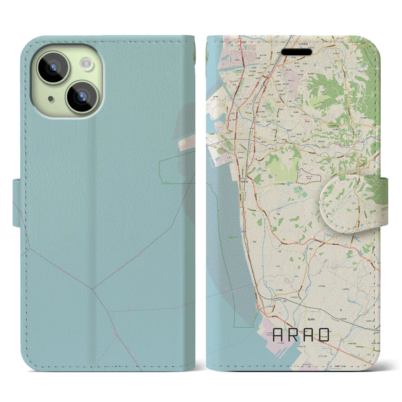 【荒尾(熊本県)】地図柄iPhoneケース(手帳タイプ)ナチュラル・iPhone 15 用