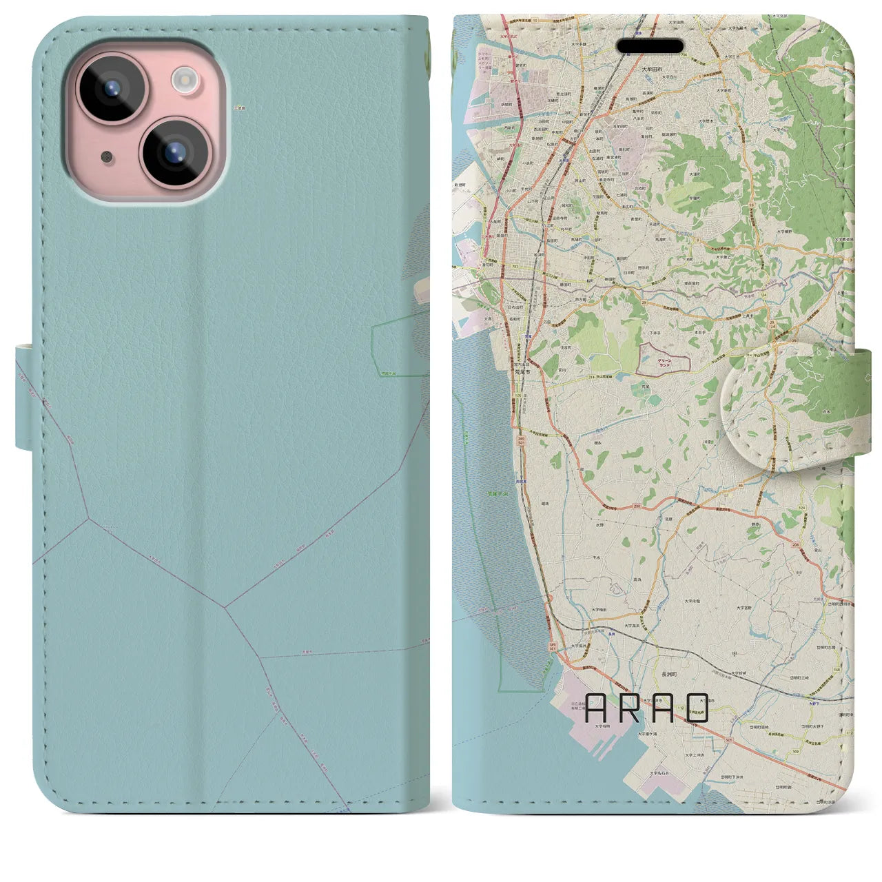 【荒尾(熊本県)】地図柄iPhoneケース(手帳タイプ)ナチュラル・iPhone 15 Plus 用