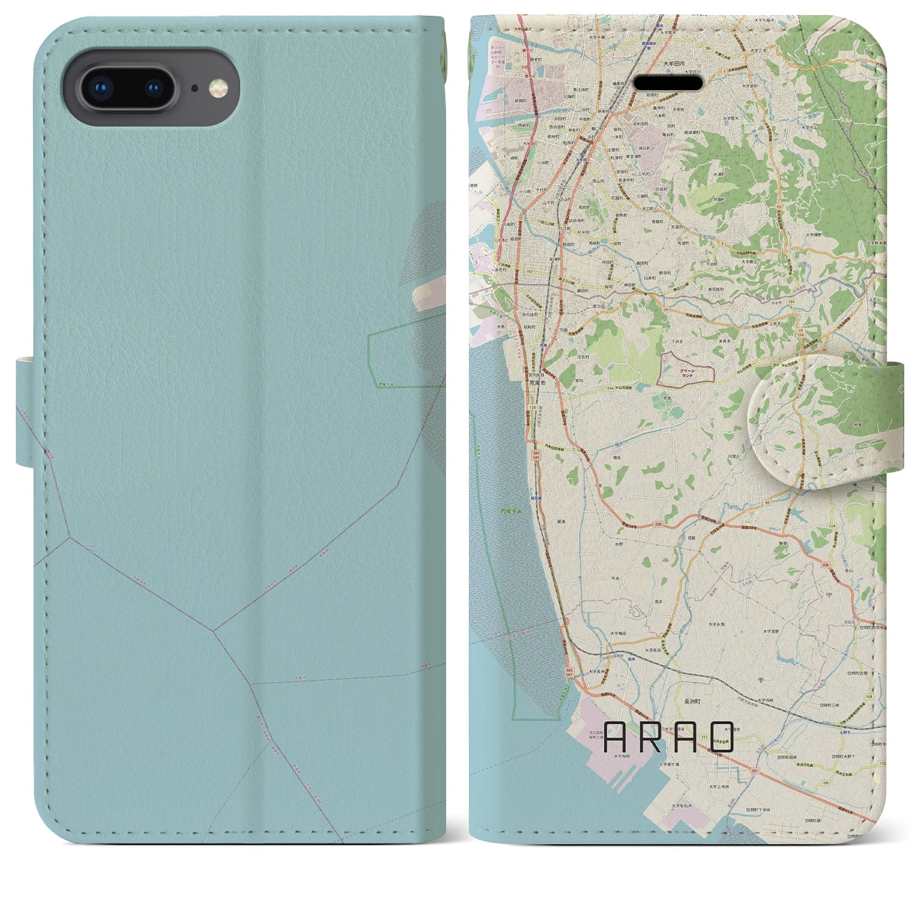 【荒尾(熊本県)】地図柄iPhoneケース(手帳タイプ)ナチュラル・iPhone 8Plus /7Plus / 6sPlus / 6Plus 用