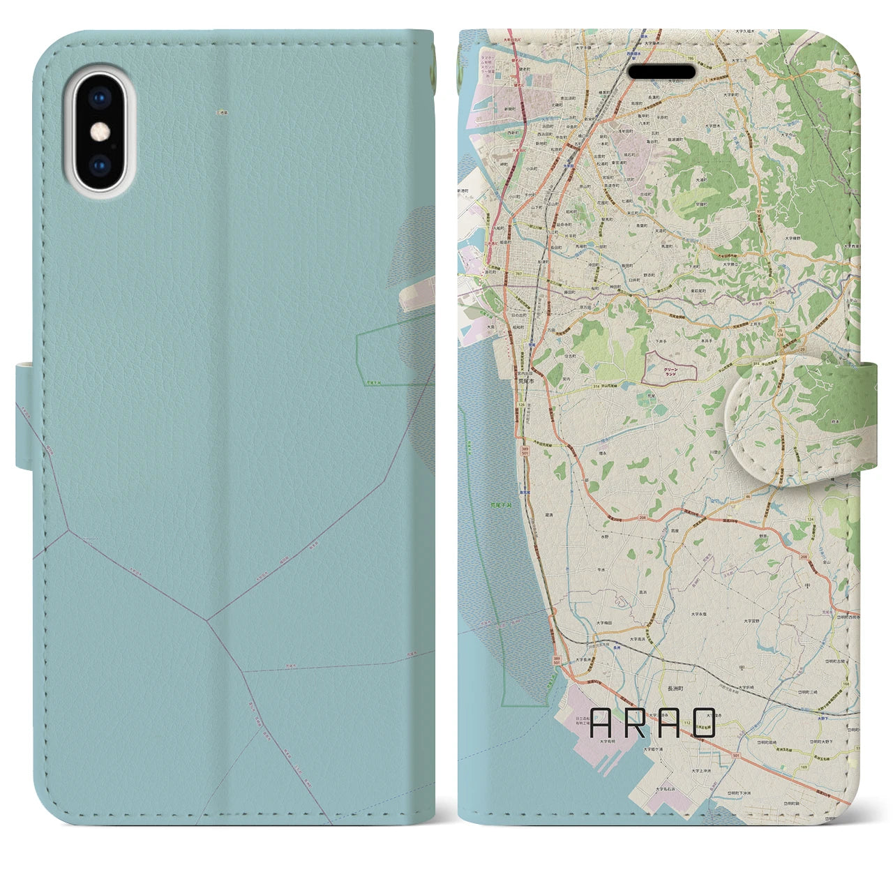 【荒尾(熊本県)】地図柄iPhoneケース(手帳タイプ)ナチュラル・iPhone XS Max 用