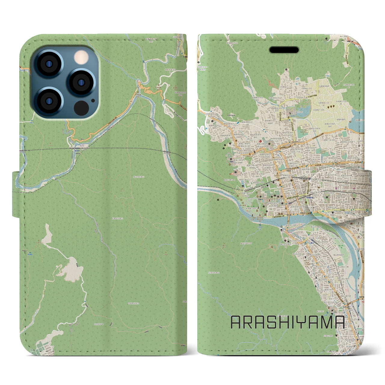 【嵐山(京都府)】地図柄iPhoneケース(手帳タイプ)ナチュラル・iPhone 12 / 12 Pro 用