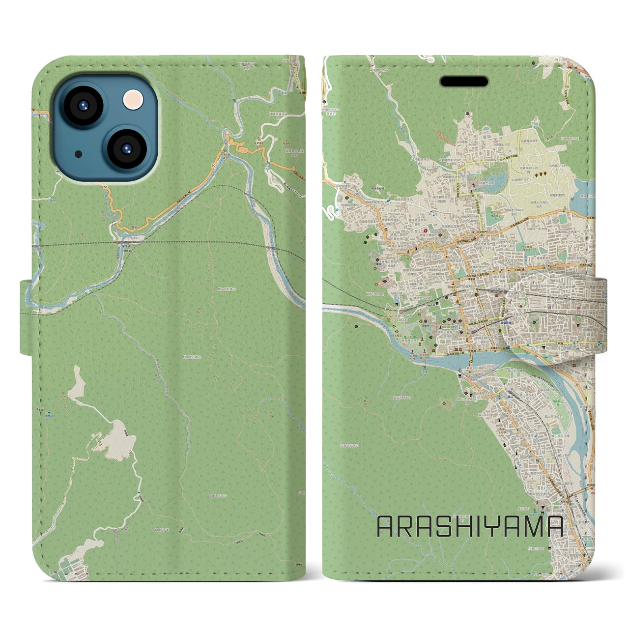 【嵐山(京都府)】地図柄iPhoneケース(手帳タイプ)ナチュラル・iPhone 13 用