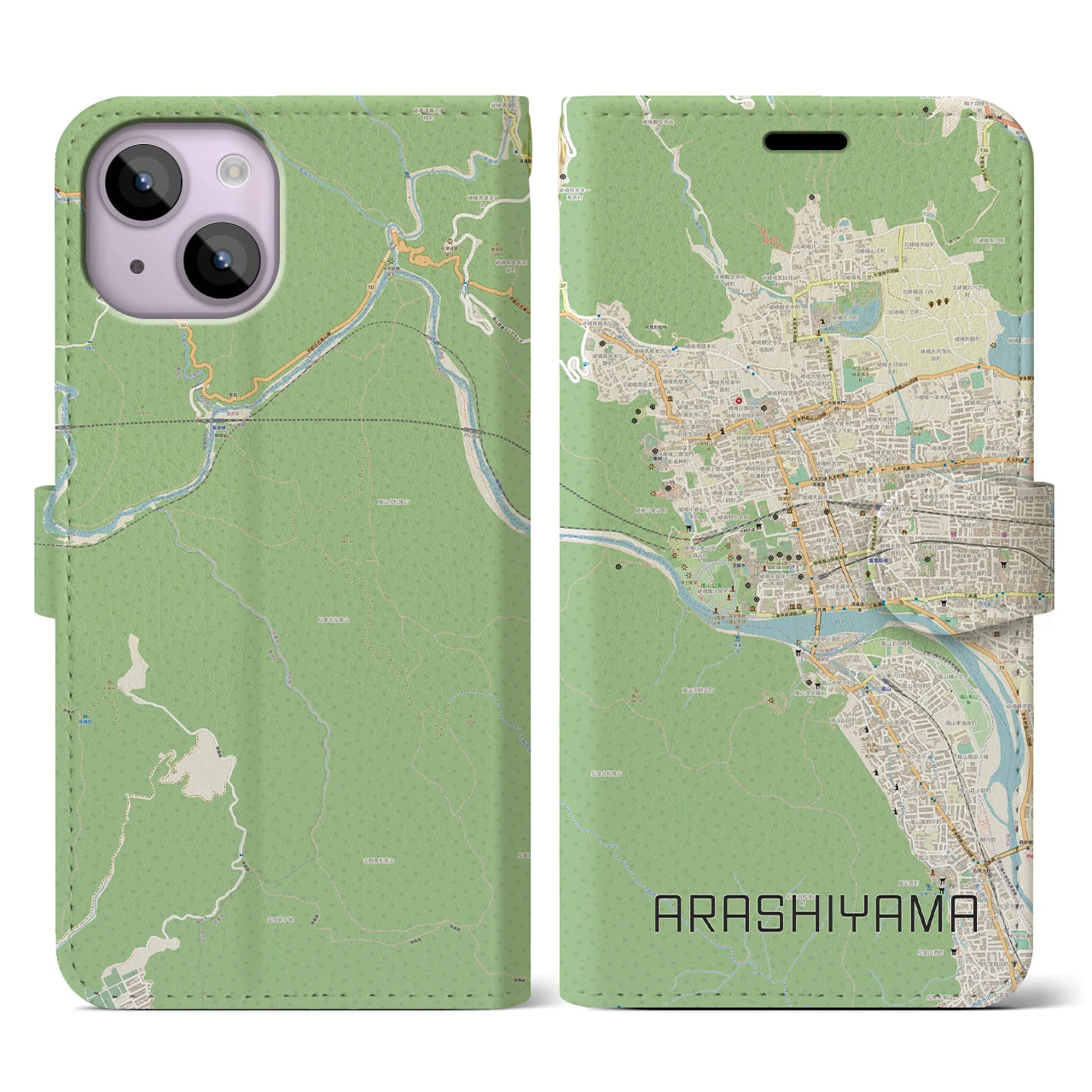 【嵐山(京都府)】地図柄iPhoneケース(手帳タイプ)ナチュラル・iPhone 14 用
