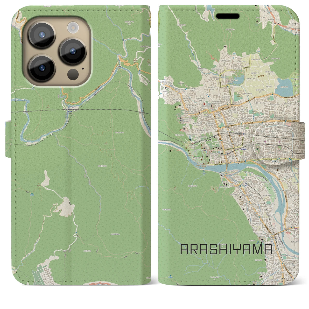 【嵐山(京都府)】地図柄iPhoneケース(手帳タイプ)ナチュラル・iPhone 14 Pro Max 用