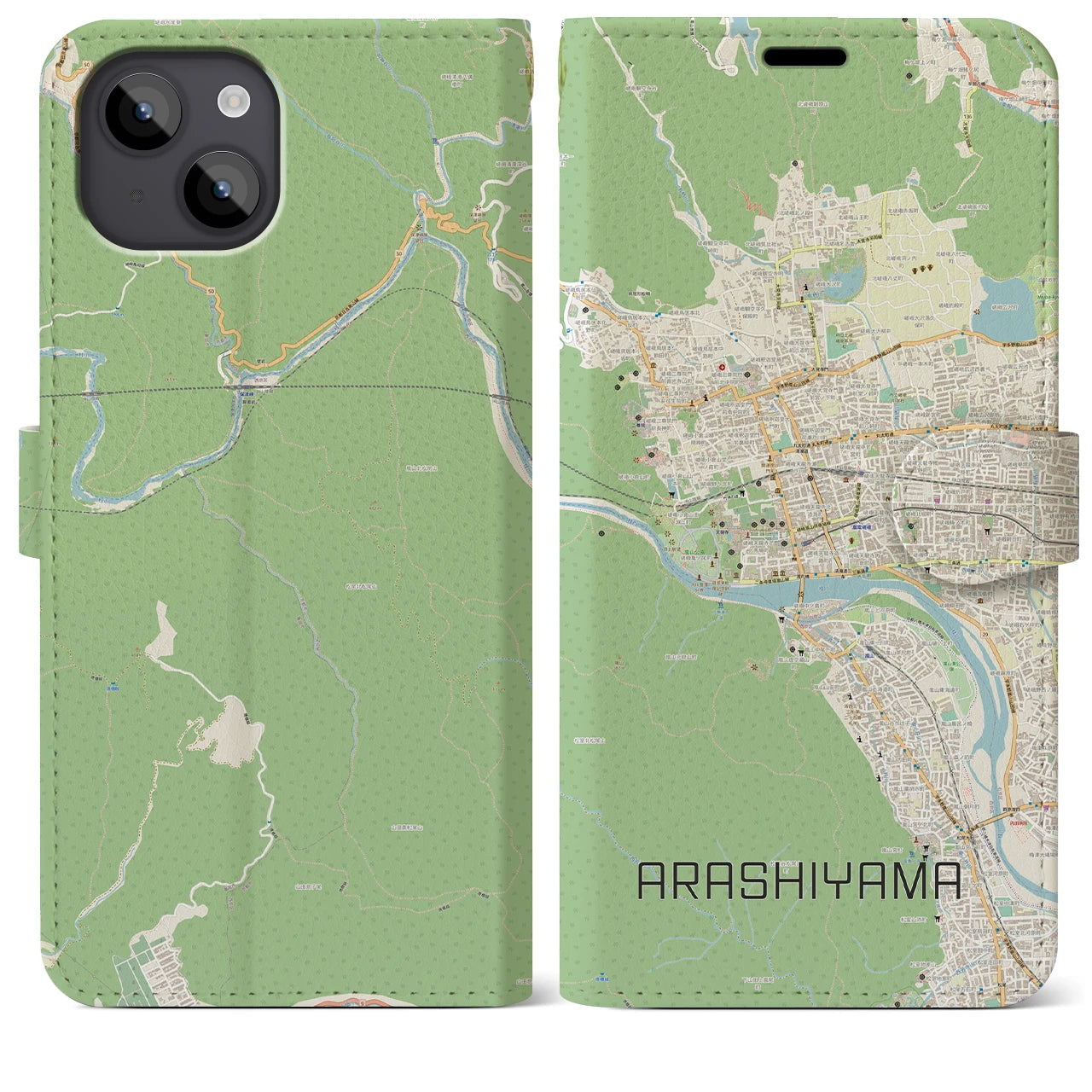 【嵐山(京都府)】地図柄iPhoneケース(手帳タイプ)ナチュラル・iPhone 14 Plus 用
