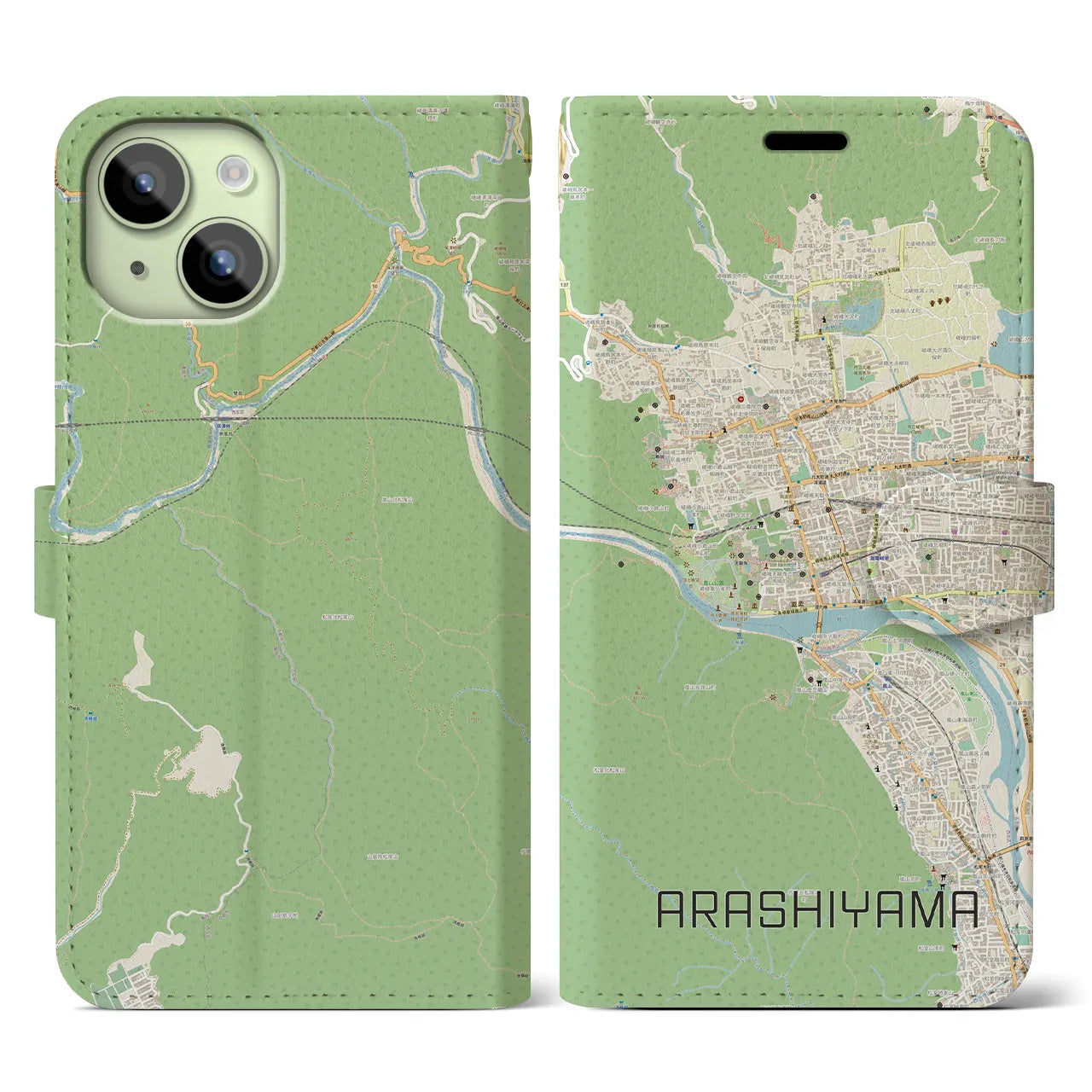 【嵐山(京都府)】地図柄iPhoneケース(手帳タイプ)ナチュラル・iPhone 15 用