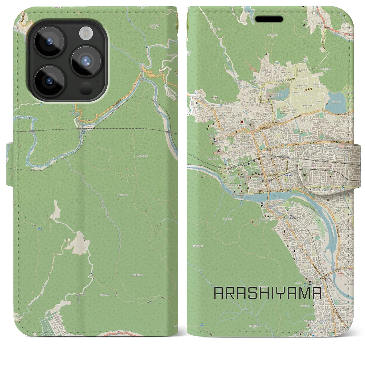 【嵐山(京都府)】地図柄iPhoneケース(手帳タイプ)ナチュラル・iPhone 15 Pro Max 用