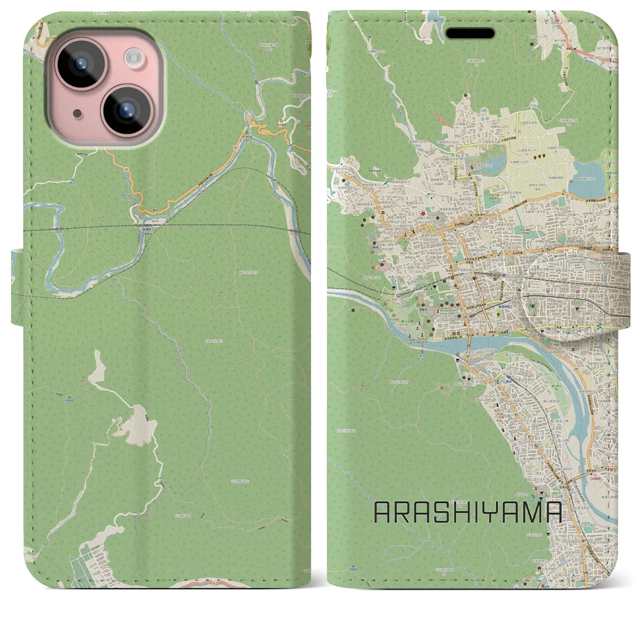 【嵐山(京都府)】地図柄iPhoneケース(手帳タイプ)ナチュラル・iPhone 15 Plus 用