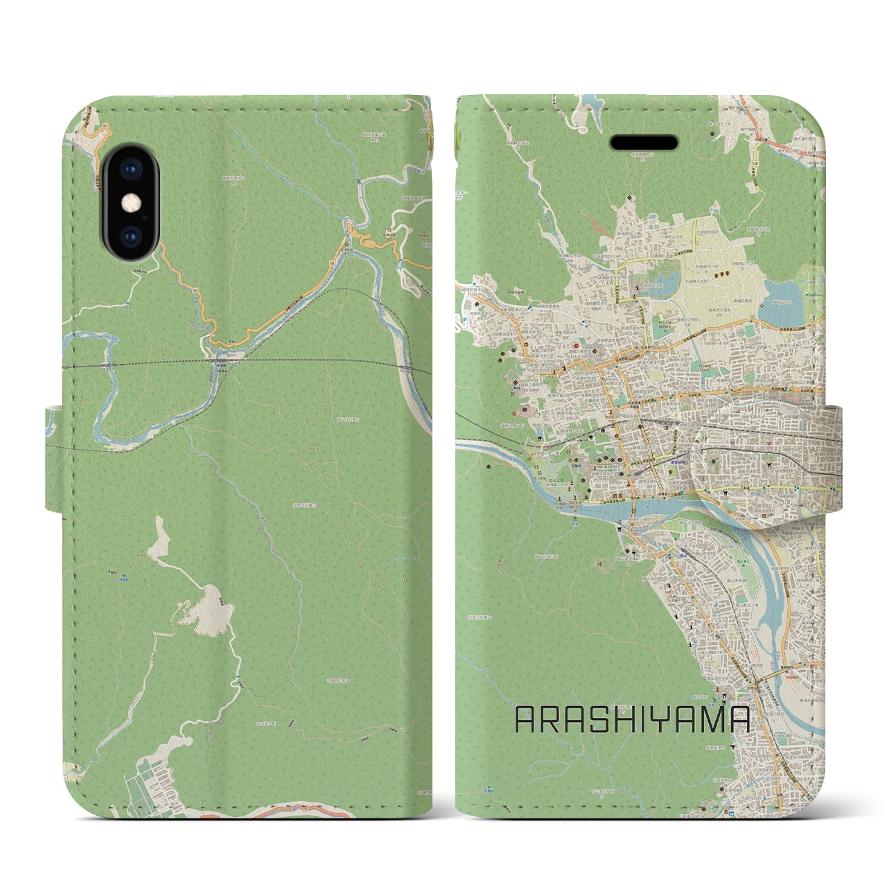 【嵐山(京都府)】地図柄iPhoneケース(手帳タイプ)ナチュラル・iPhone XS / X 用