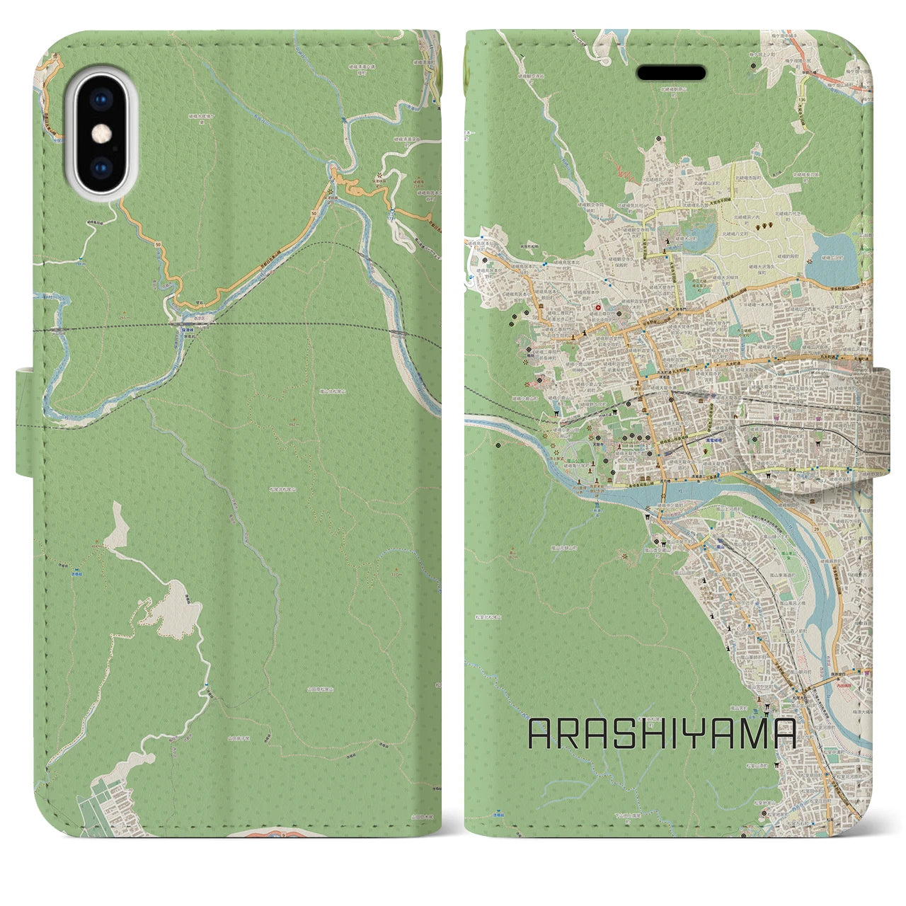 【嵐山(京都府)】地図柄iPhoneケース(手帳タイプ)ナチュラル・iPhone XS Max 用