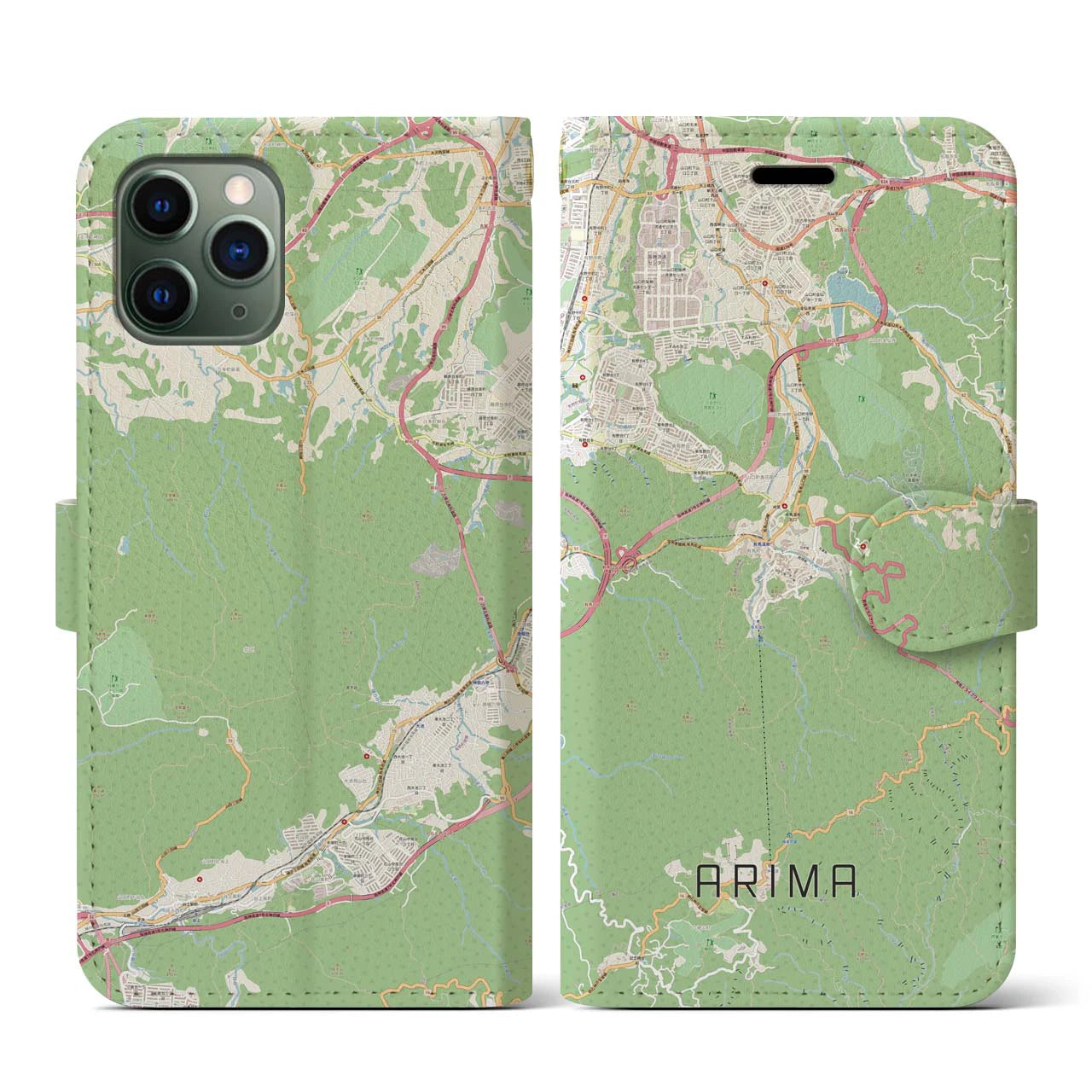 【有馬(兵庫県)】地図柄iPhoneケース(手帳タイプ)ナチュラル・iPhone 11 Pro 用