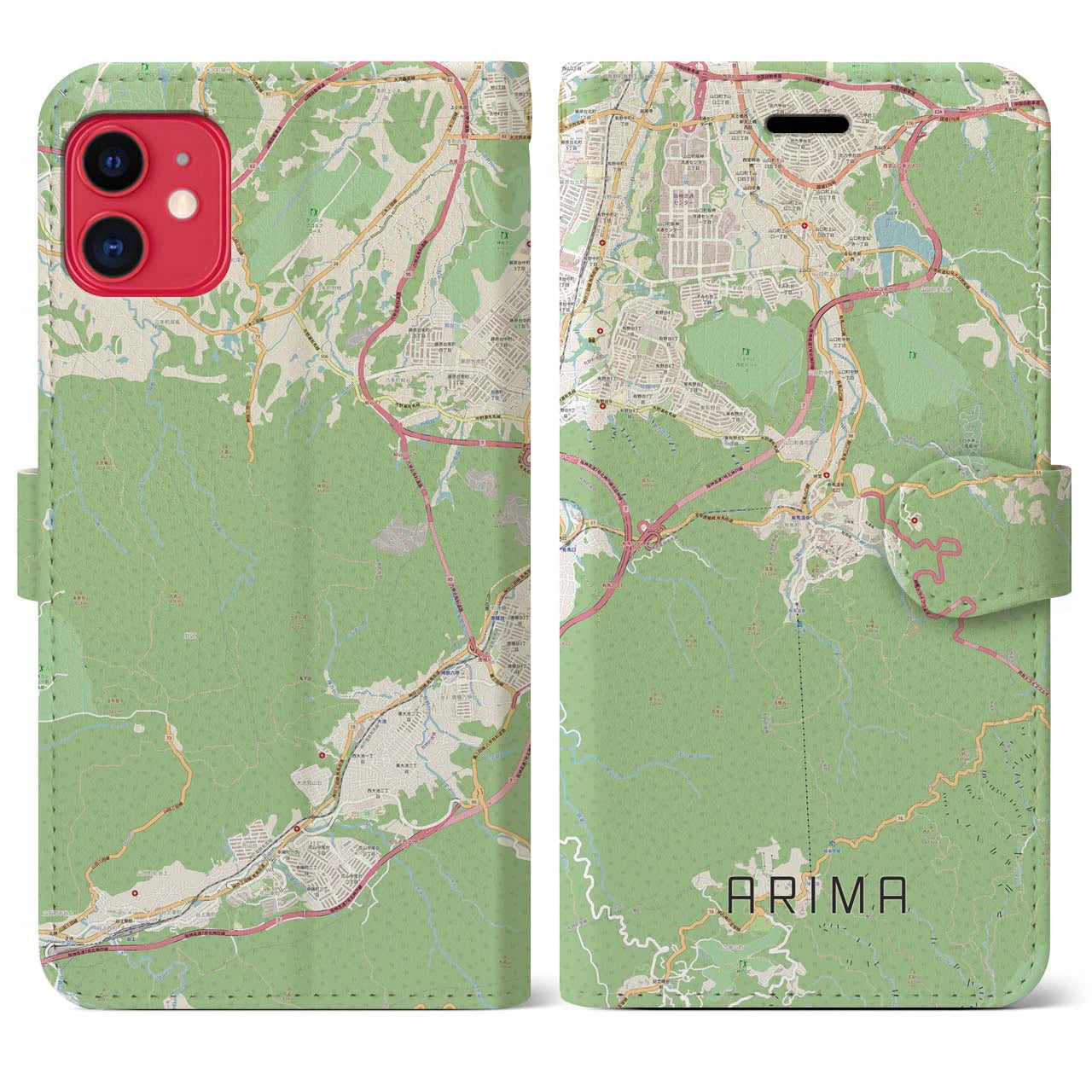 【有馬(兵庫県)】地図柄iPhoneケース(手帳タイプ)ナチュラル・iPhone 11 用