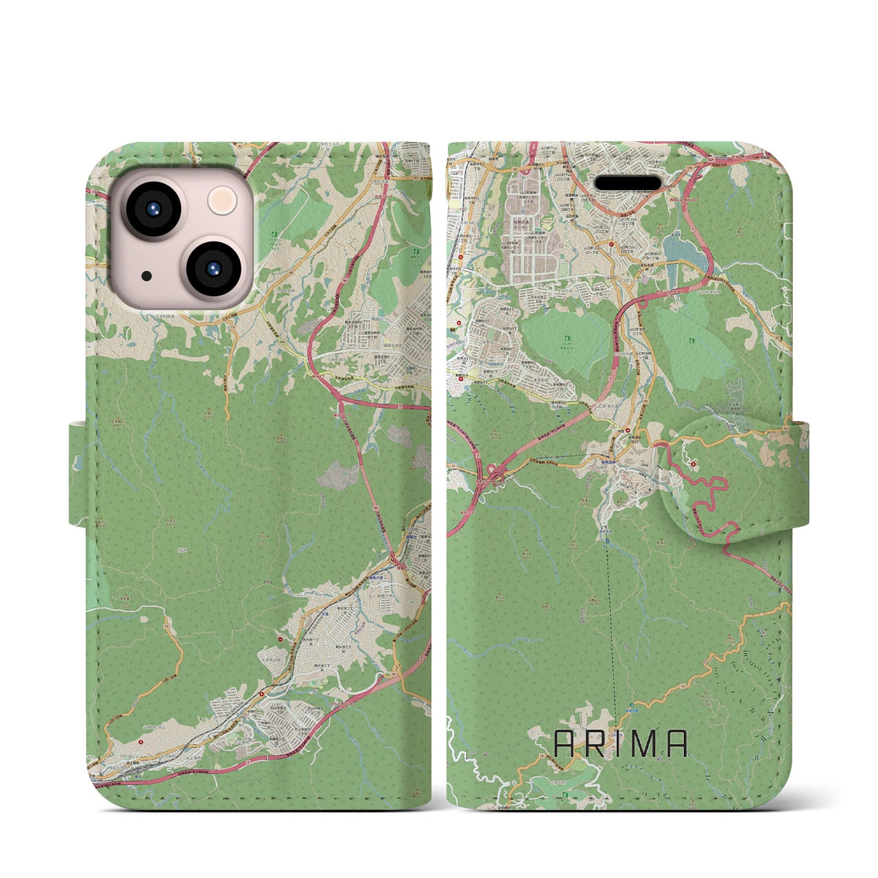 【有馬(兵庫県)】地図柄iPhoneケース(手帳タイプ)ナチュラル・iPhone 13 mini 用
