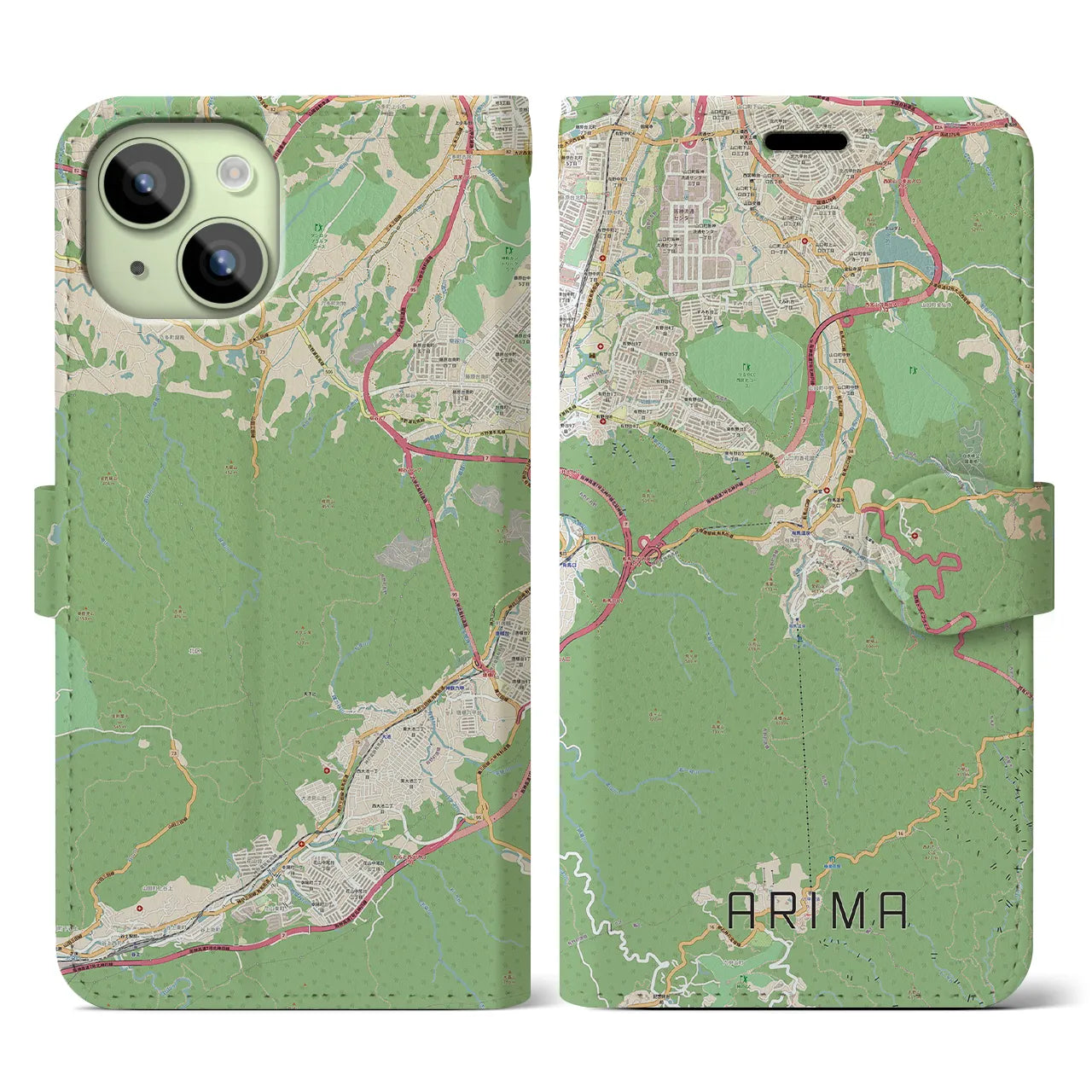 【有馬(兵庫県)】地図柄iPhoneケース(手帳タイプ)ナチュラル・iPhone 15 用