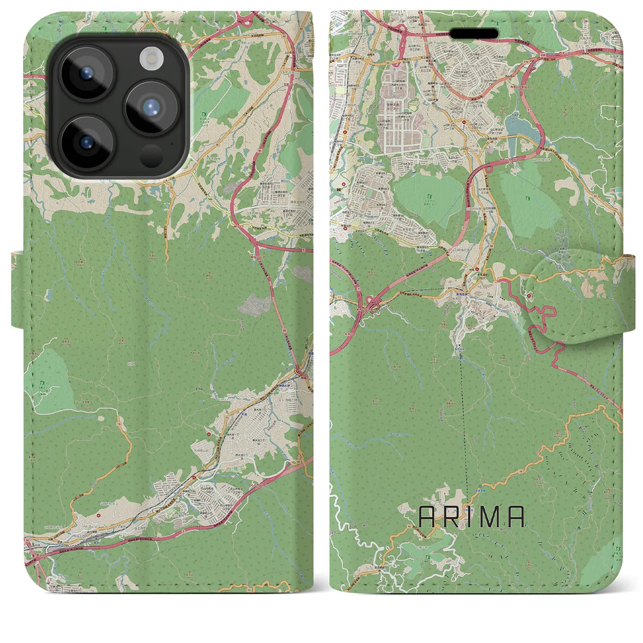 【有馬(兵庫県)】地図柄iPhoneケース(手帳タイプ)ナチュラル・iPhone 15 Pro Max 用
