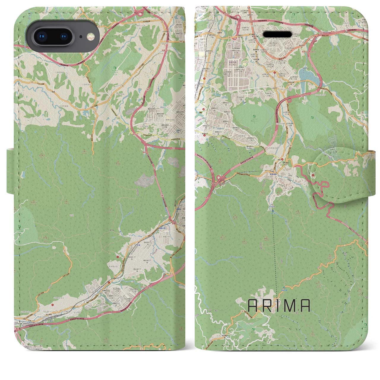 【有馬(兵庫県)】地図柄iPhoneケース(手帳タイプ)ナチュラル・iPhone 8Plus /7Plus / 6sPlus / 6Plus 用