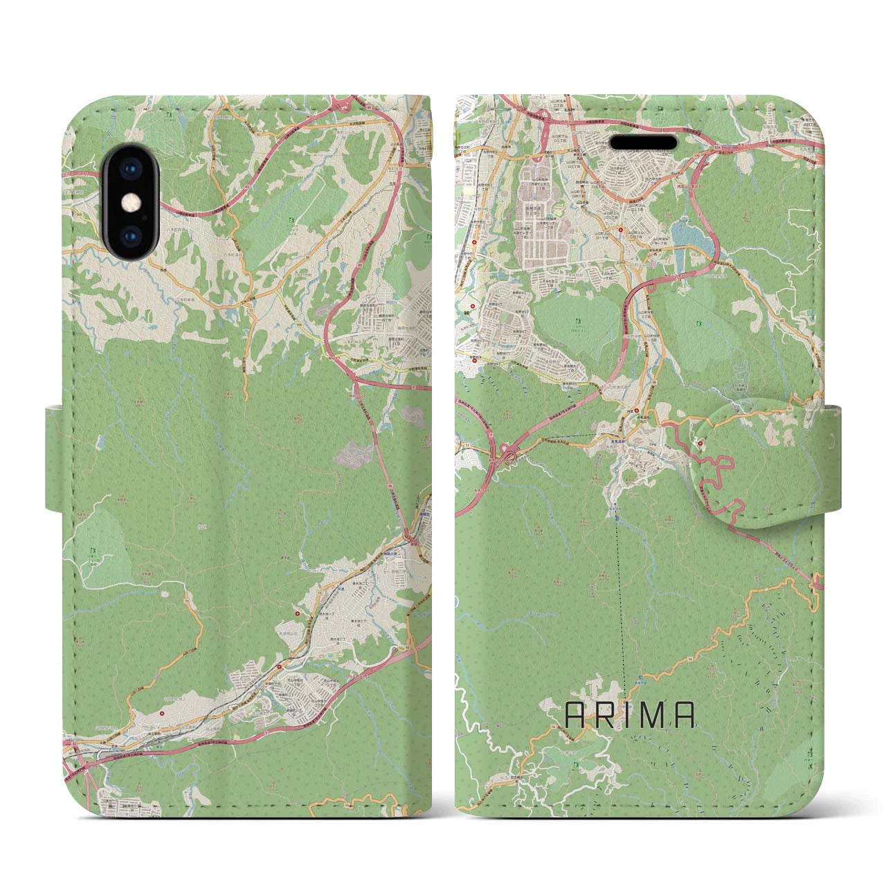【有馬(兵庫県)】地図柄iPhoneケース(手帳タイプ)ナチュラル・iPhone XS / X 用