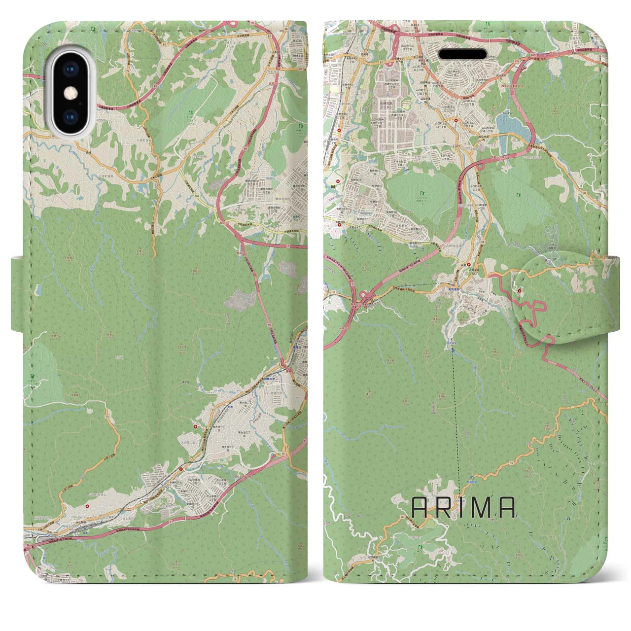 【有馬(兵庫県)】地図柄iPhoneケース(手帳タイプ)ナチュラル・iPhone XS Max 用