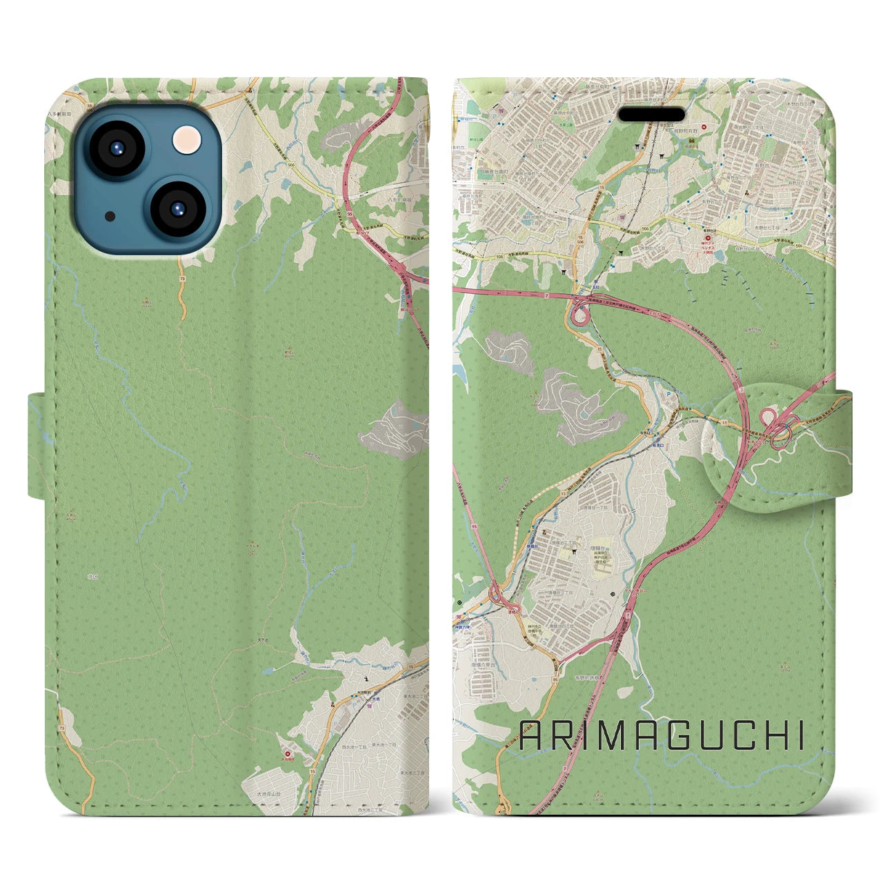 【有馬口(兵庫県)】地図柄iPhoneケース(手帳タイプ)ナチュラル・iPhone 13 用