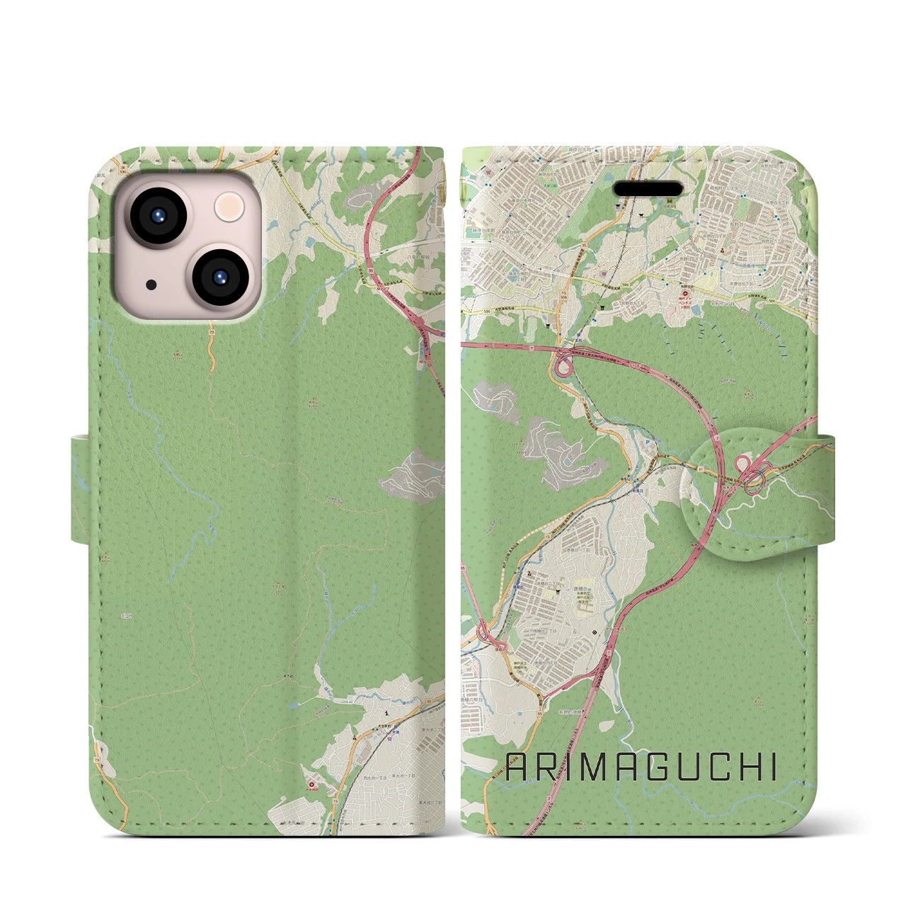 【有馬口(兵庫県)】地図柄iPhoneケース(手帳タイプ)ナチュラル・iPhone 13 mini 用