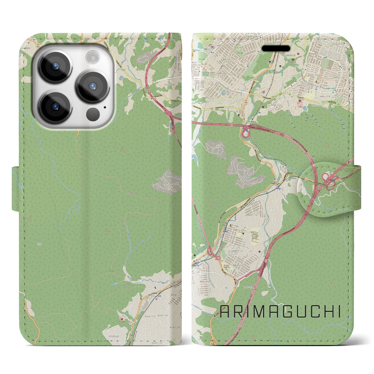 【有馬口(兵庫県)】地図柄iPhoneケース(手帳タイプ)ナチュラル・iPhone 14 Pro 用
