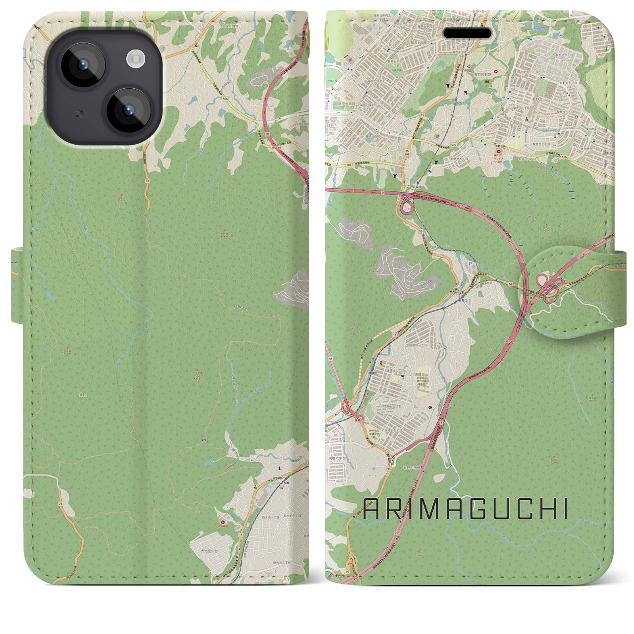 【有馬口(兵庫県)】地図柄iPhoneケース(手帳タイプ)ナチュラル・iPhone 14 Plus 用