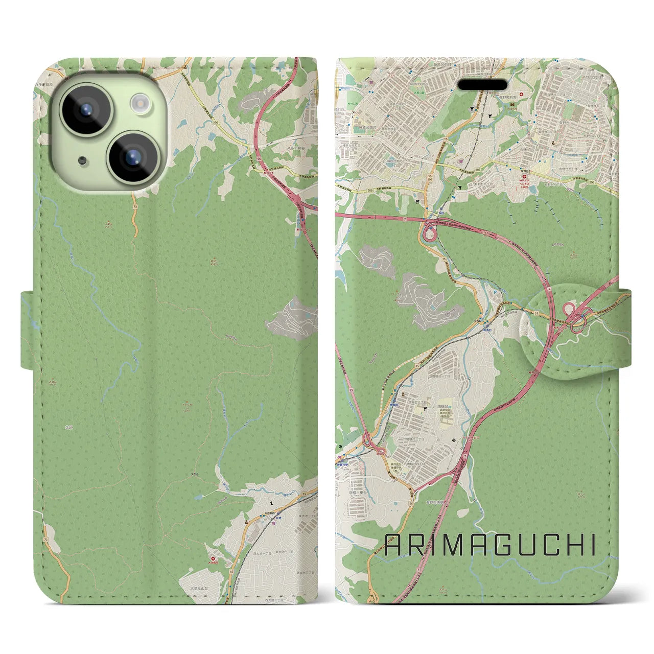 【有馬口(兵庫県)】地図柄iPhoneケース(手帳タイプ)ナチュラル・iPhone 15 用