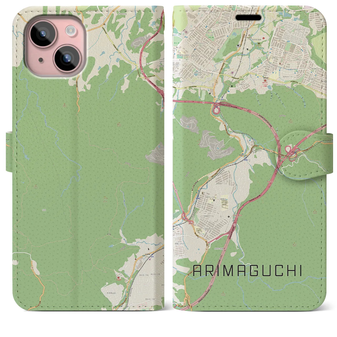 【有馬口(兵庫県)】地図柄iPhoneケース(手帳タイプ)ナチュラル・iPhone 15 Plus 用