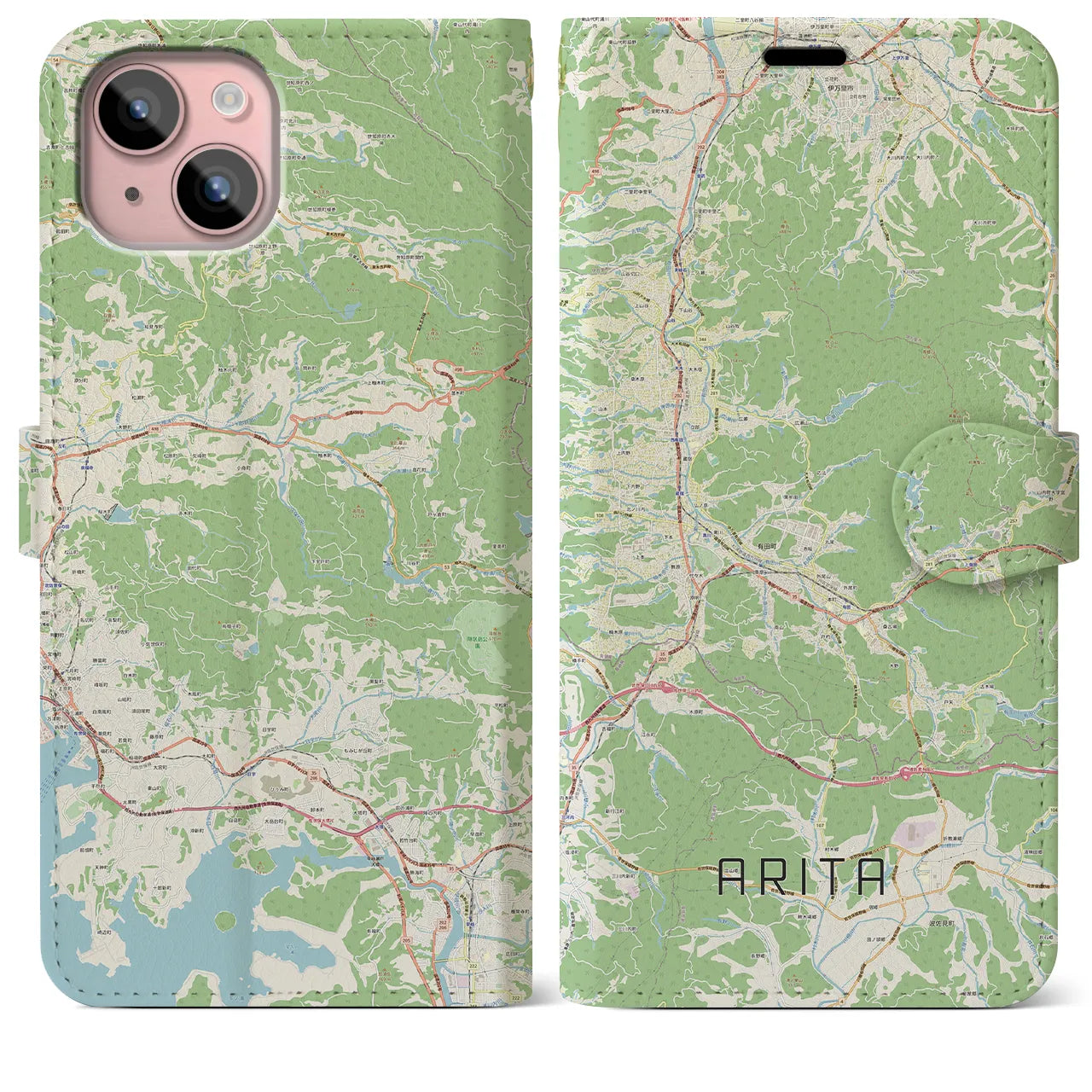 【有田(佐賀県)】地図柄iPhoneケース(手帳タイプ)ナチュラル・iPhone 15 Plus 用