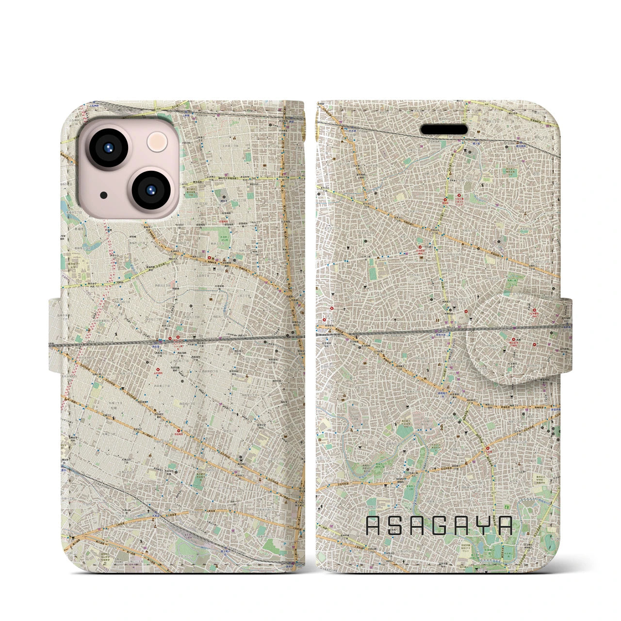 【阿佐ケ谷2(東京都)】地図柄iPhoneケース(手帳タイプ)ナチュラル・iPhone 13 mini 用