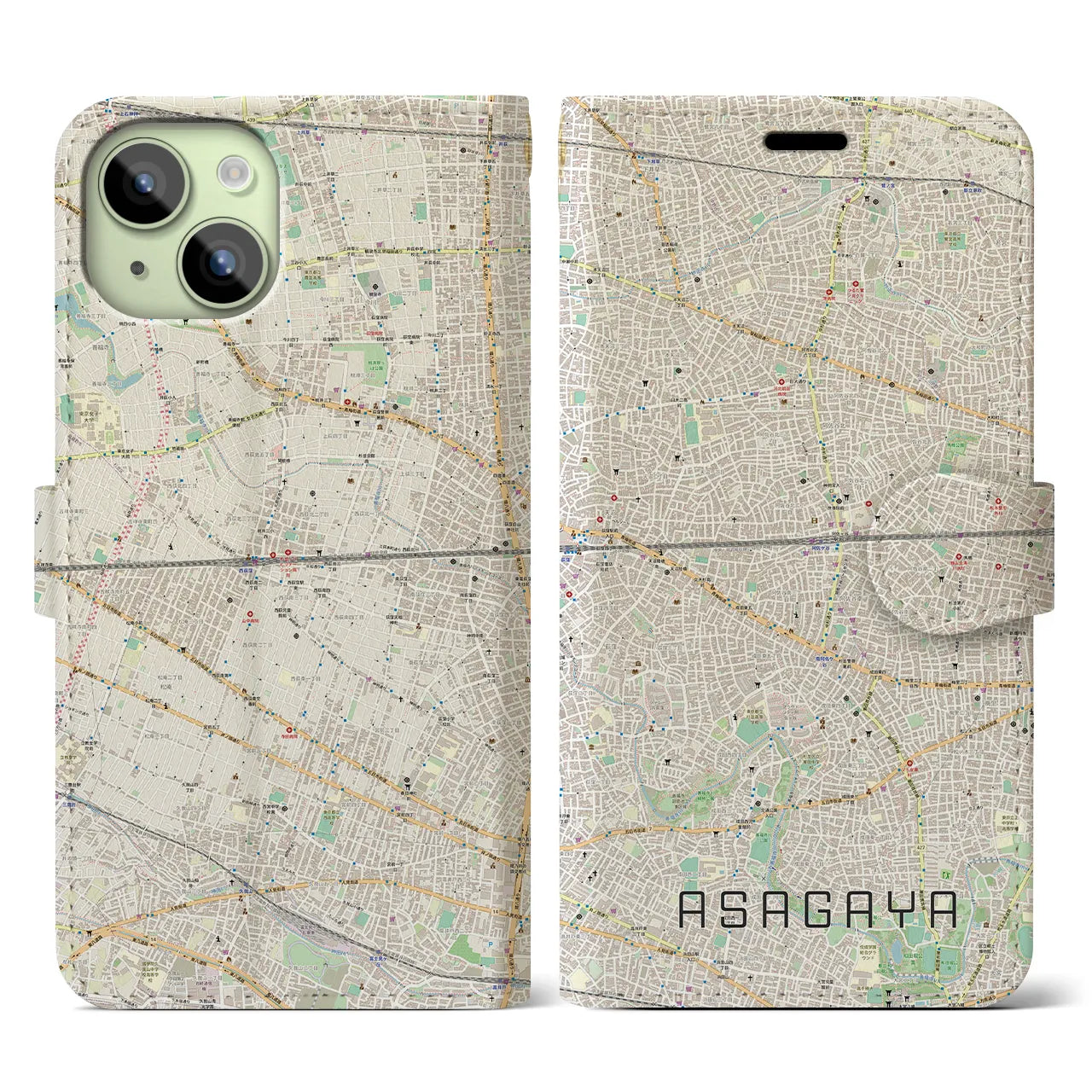 【阿佐ケ谷2(東京都)】地図柄iPhoneケース(手帳タイプ)ナチュラル・iPhone 15 用