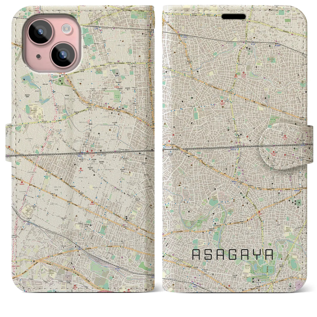 【阿佐ケ谷2(東京都)】地図柄iPhoneケース(手帳タイプ)ナチュラル・iPhone 15 Plus 用