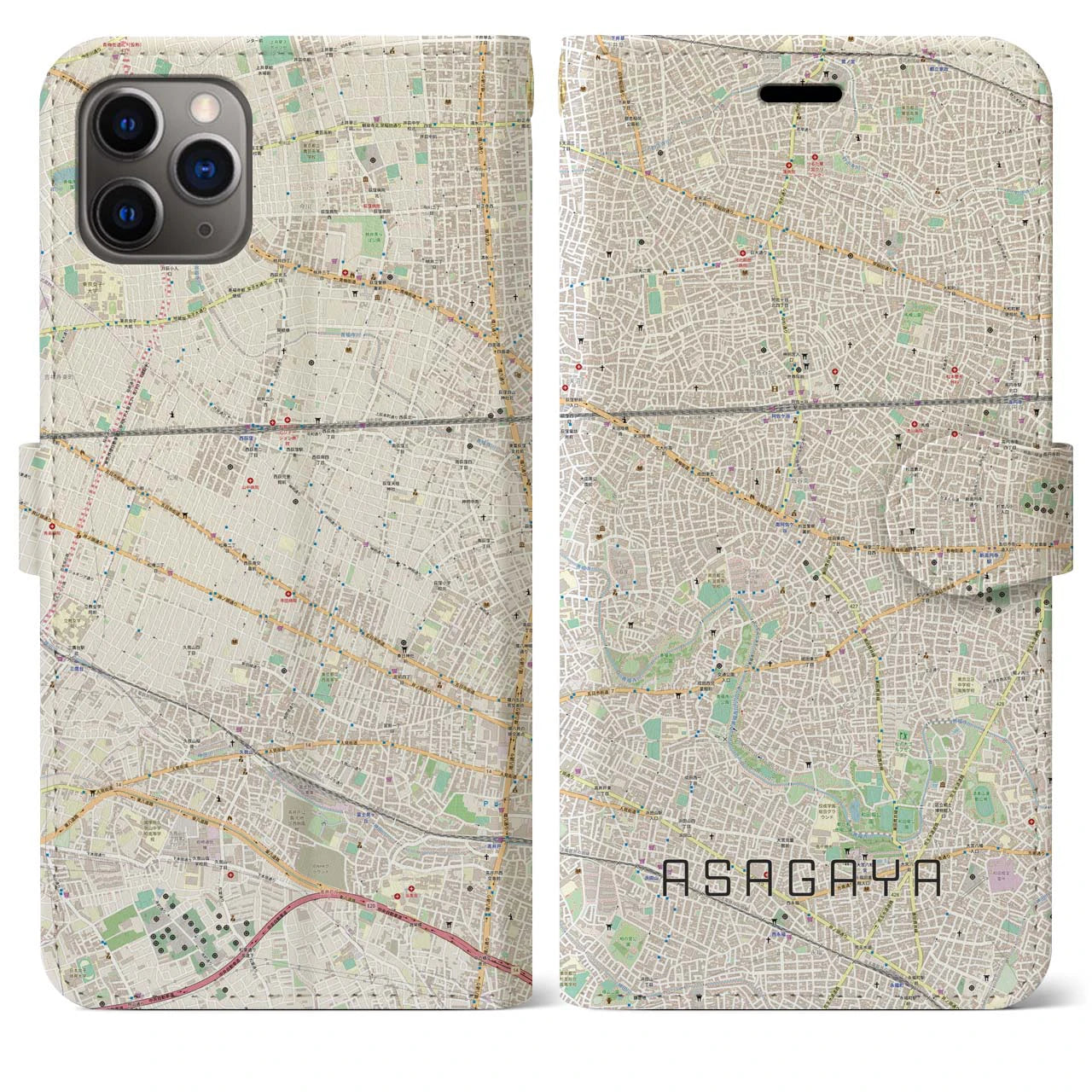【阿佐ケ谷(東京都)】地図柄iPhoneケース(手帳タイプ)ナチュラル・iPhone 11 Pro Max 用